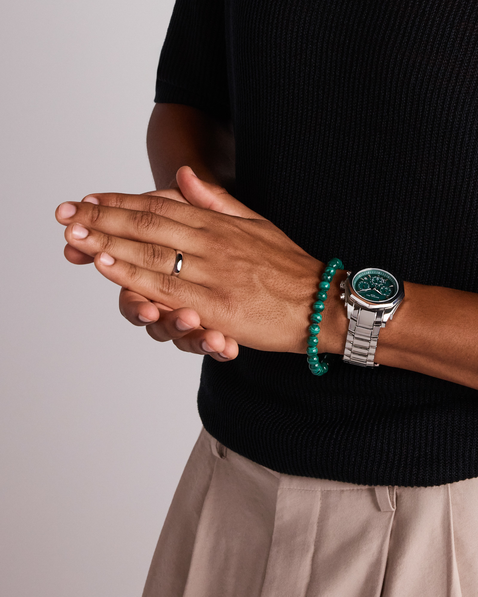 Bracelet de perles en gemme de malachite verte en argent sterling