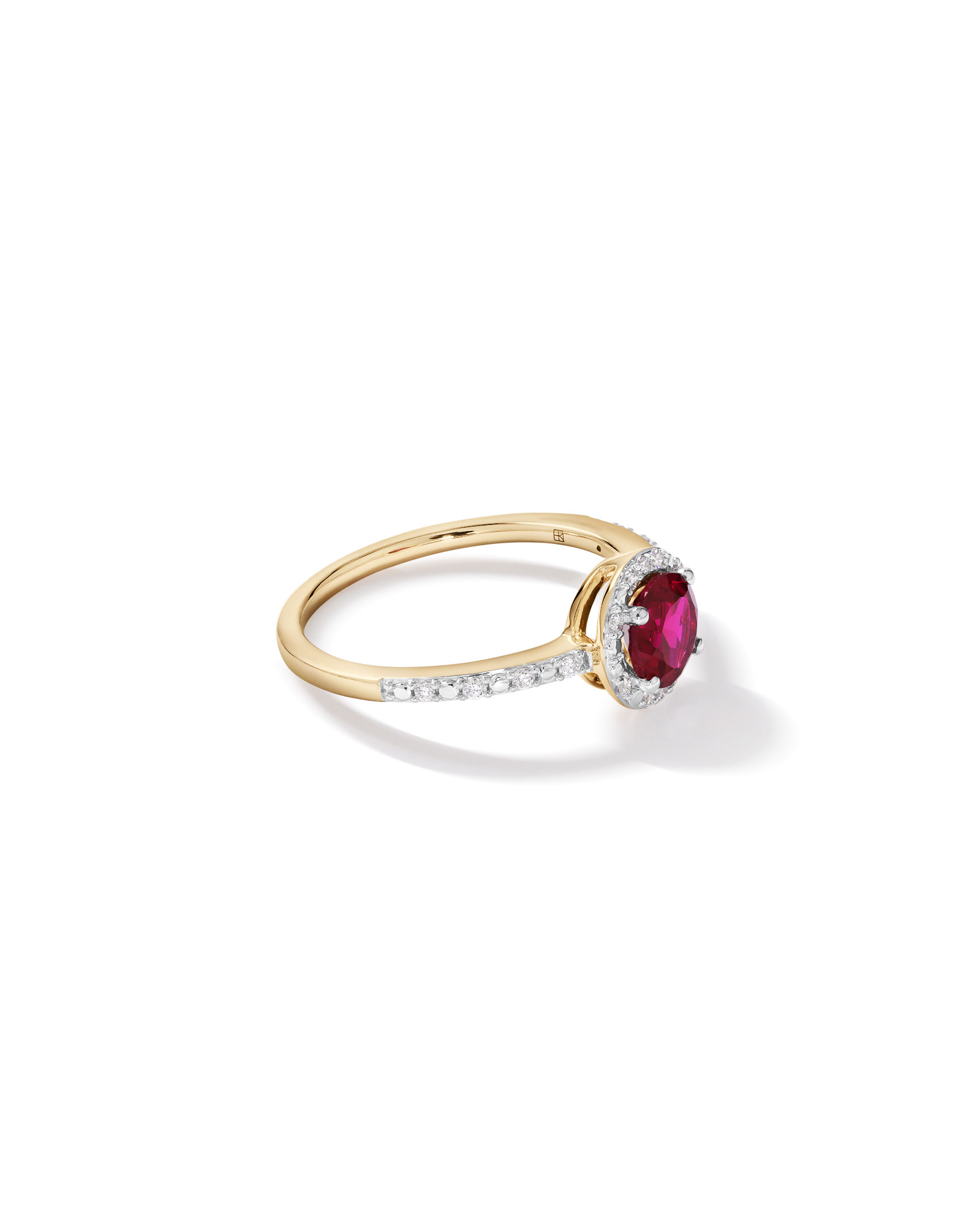 Round Cut Red Created Ruby and Lab-Grown Diamond Halo Ring in 10kt Yellow Gold and Rhodium