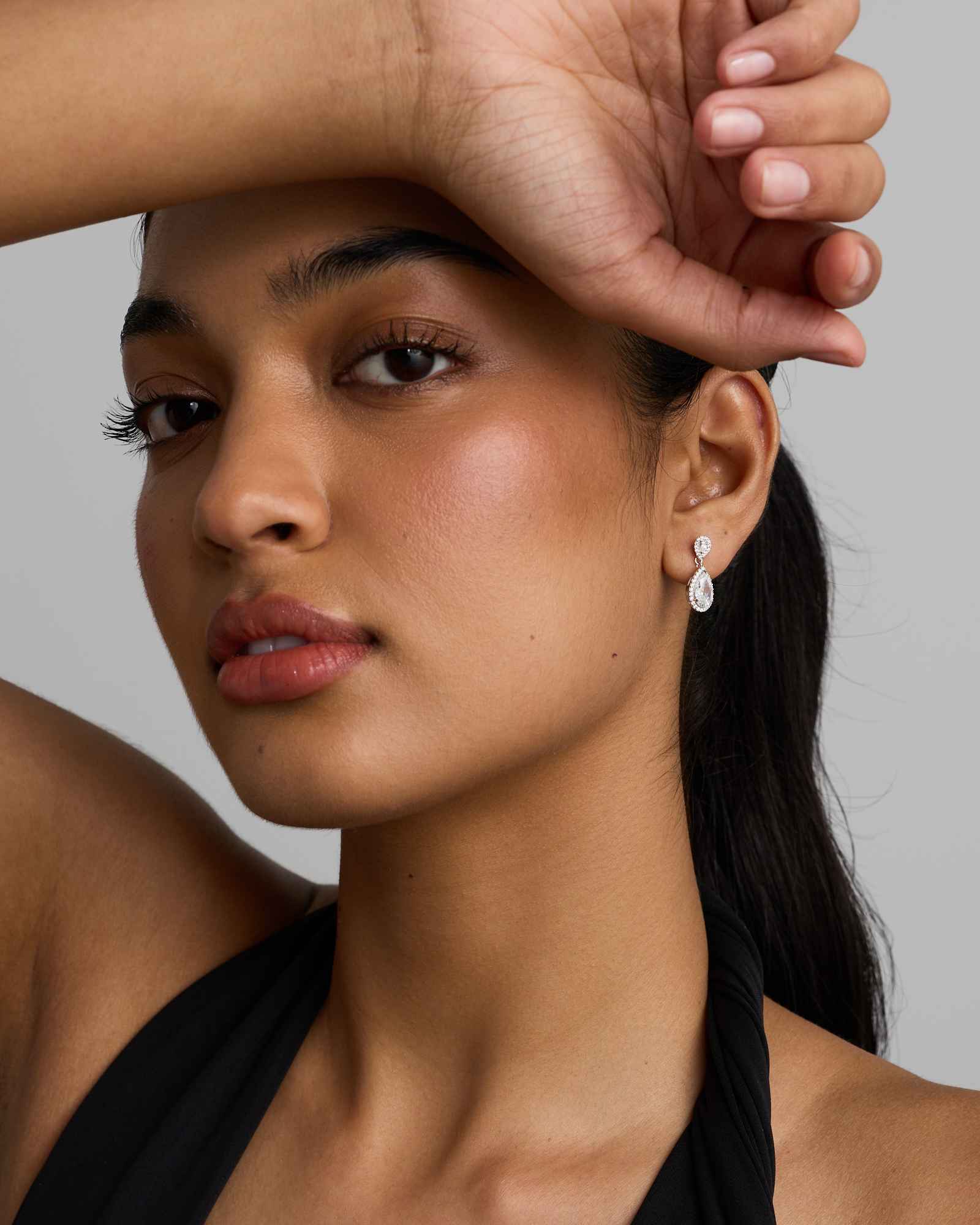 Pear Cubic Zirconia Halo Drop Stud Earrings in Sterling Silver