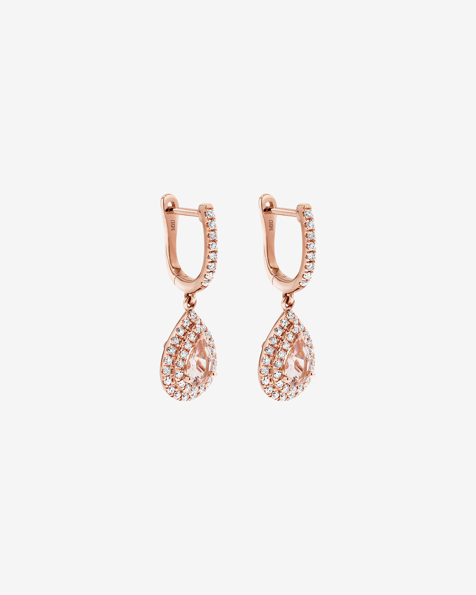 Pear Cut Morganite Gemstone and 0.40 Carat TW Diamond Halo Huggie Drop Earrings in 10kt Rose Gold