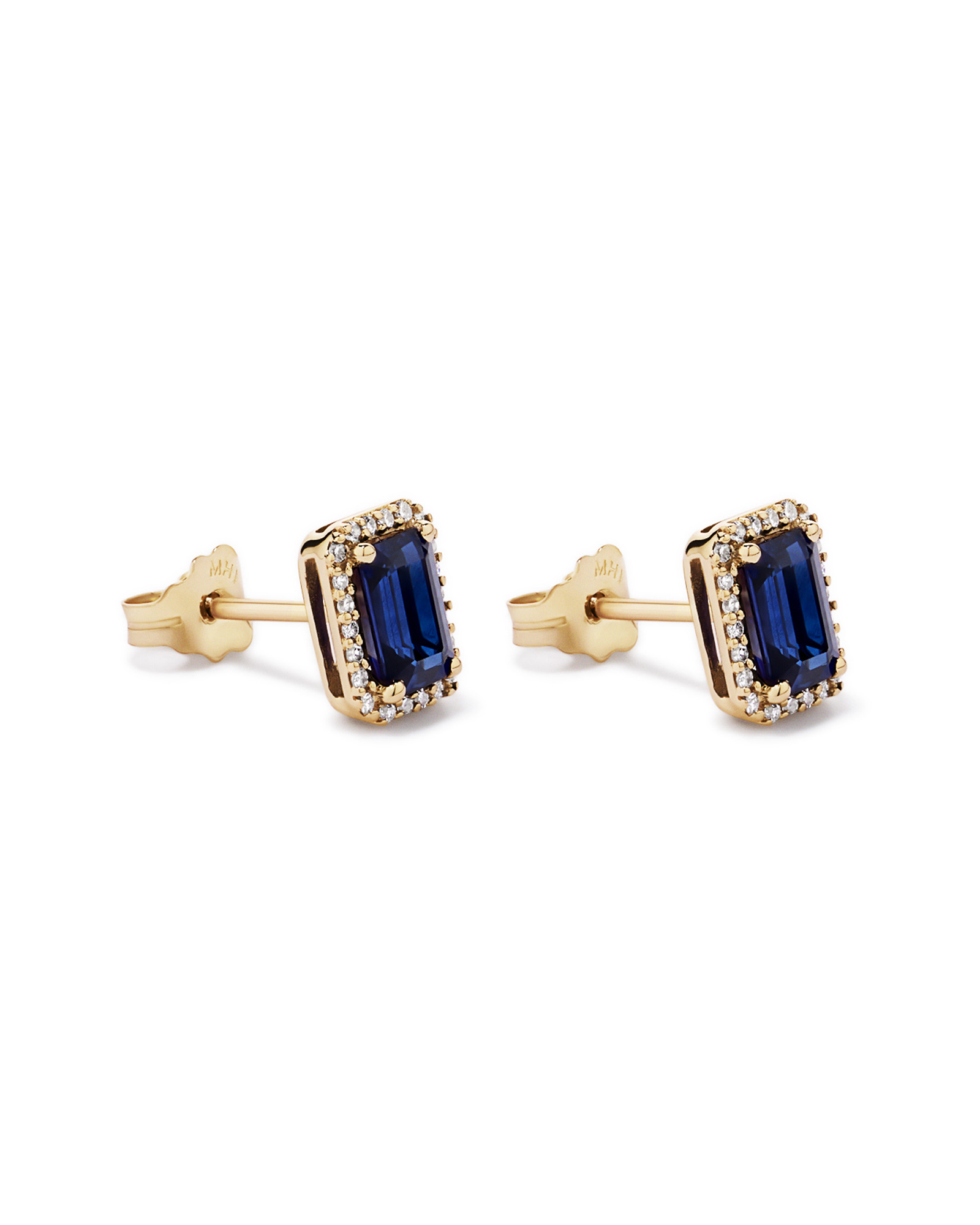 Emerald Cut Created Sapphire and Diamond Halo Earrings in 10kt Yellow Gold