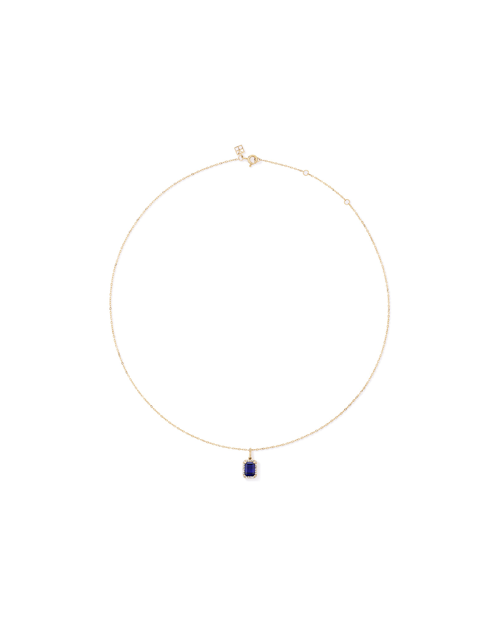 Emerald Cut Created Sapphire and Diamond Halo Pendant with Chain in 10kt Yellow Gold