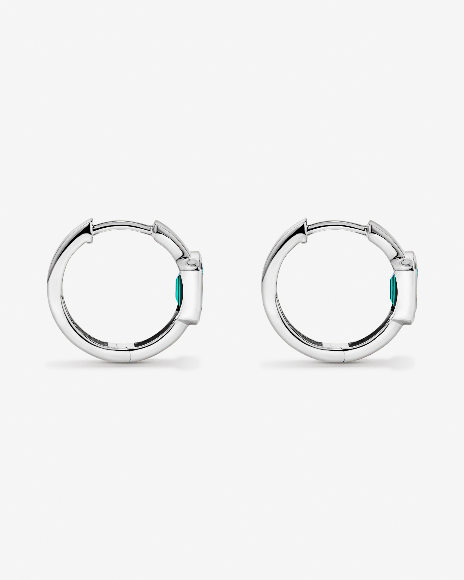 Created Emerald Bezel Huggie Earrings in 10kt White Gold
