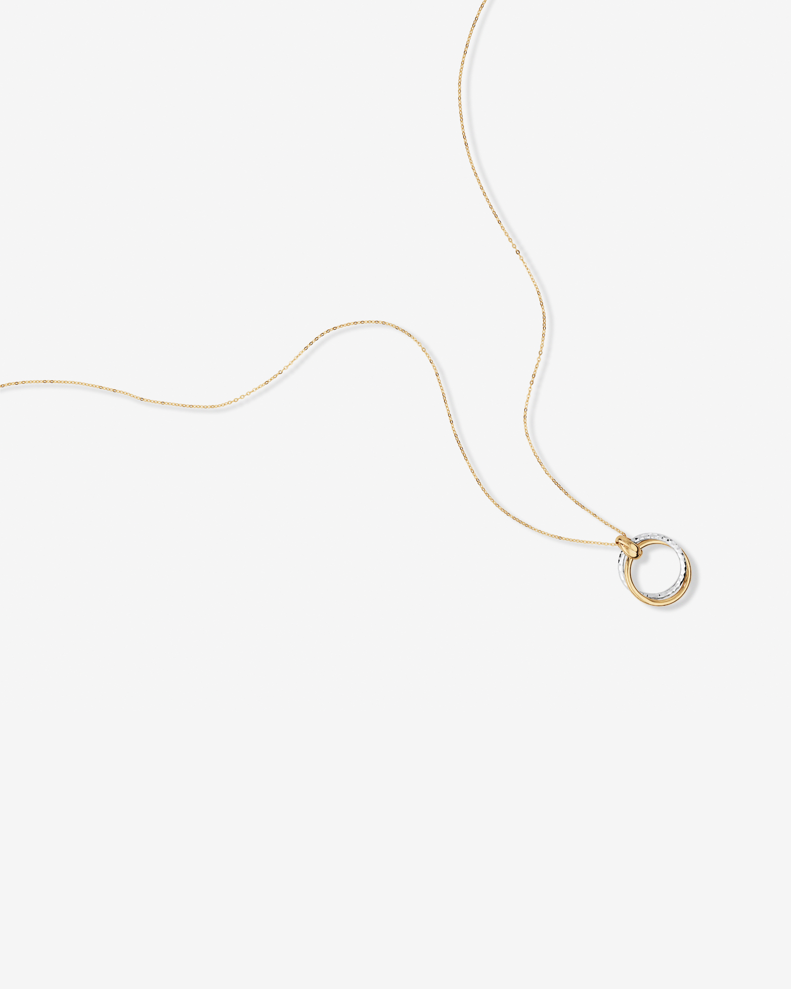 Two-Tone Double Circle Pendant Hammered Finish Necklace in 10kt White and Yellow Gold