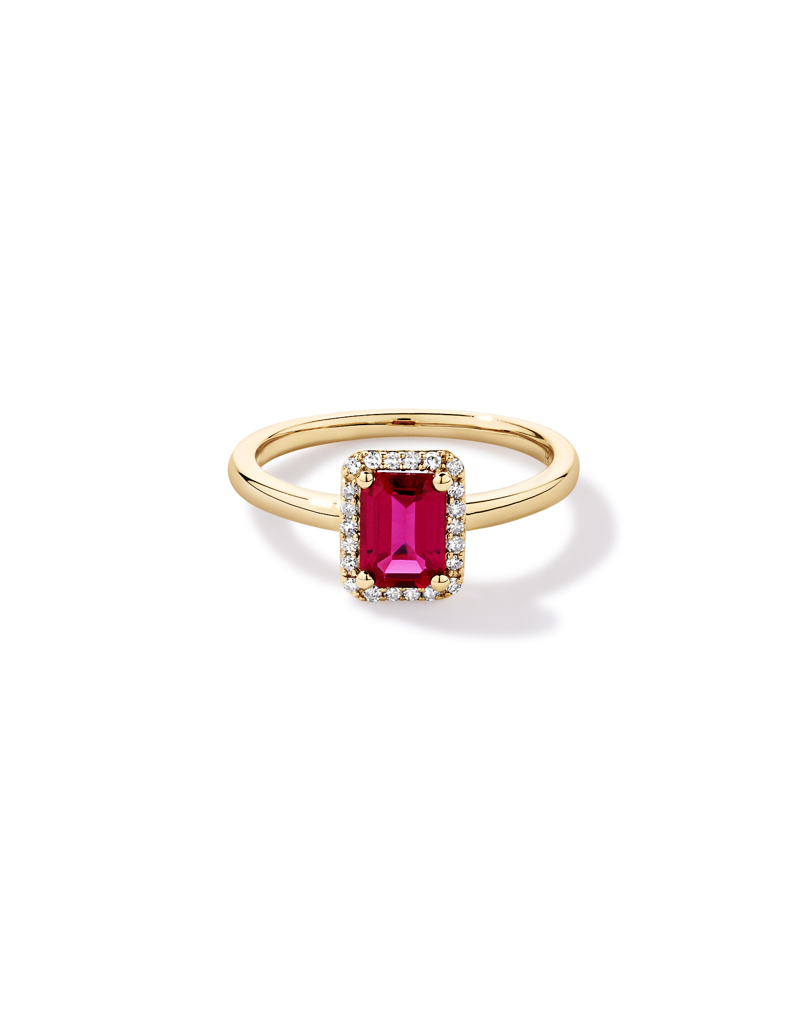 Emerald Cut Created Ruby and Diamond Halo Ring 10kt Yellow Gold