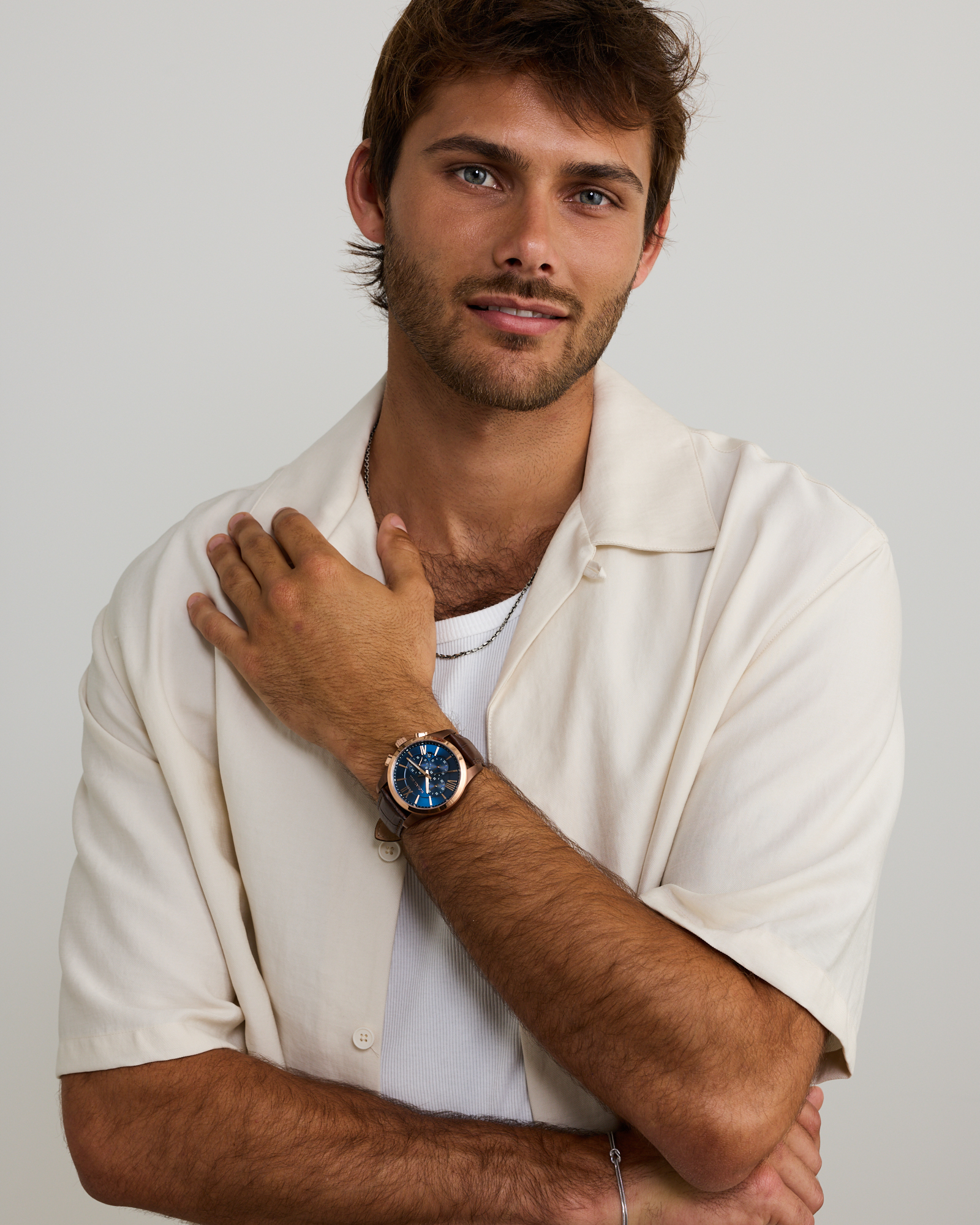 Men's Chronograph Watch in Rose Tone Stainless Steel and Brown Leather