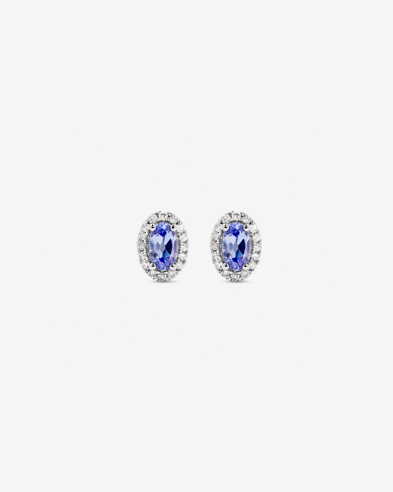 Boucles D'Oreilles Halo Avec Tanzanite Bleue Taille Ovale Et 0,12 Carat Pt De Diamants En Or Blanc 10 Ct