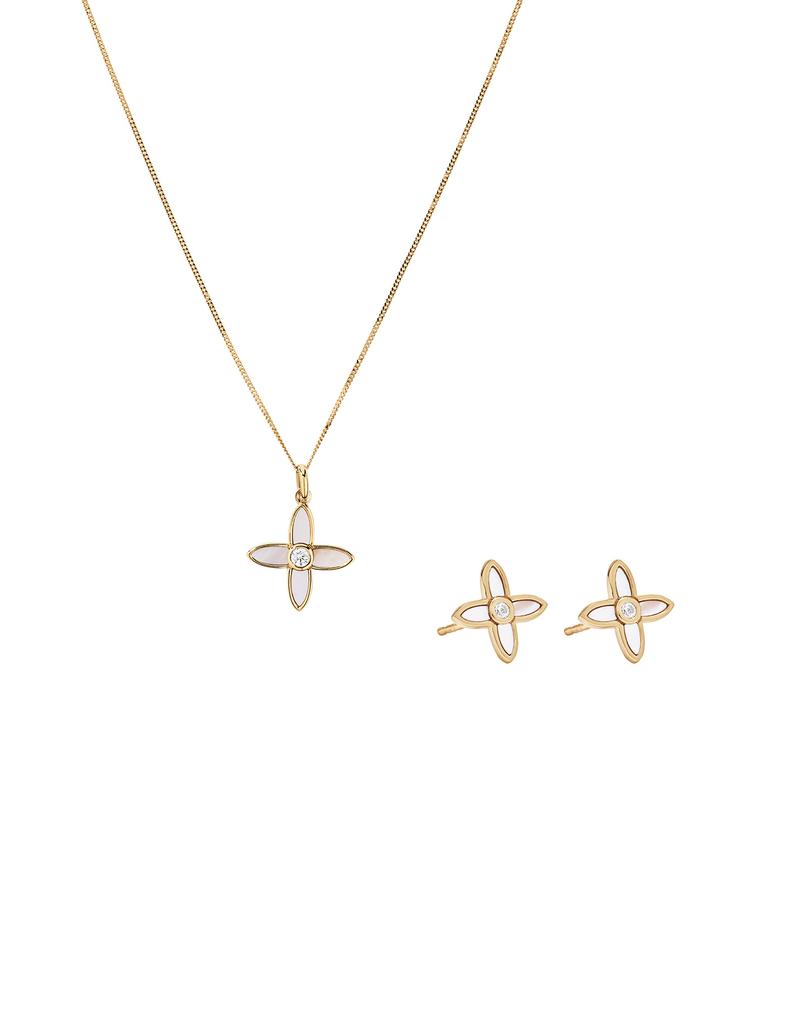 Pendentif et boucles d’oreilles en fleur de nacre serties en Vermeil or 18 carats
