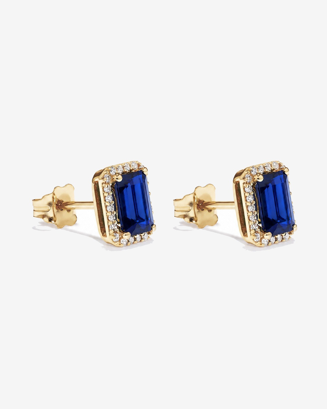 Boucles d'oreilles halo Saphir créé taille émeraude avec diamants en or jaune 10 ct