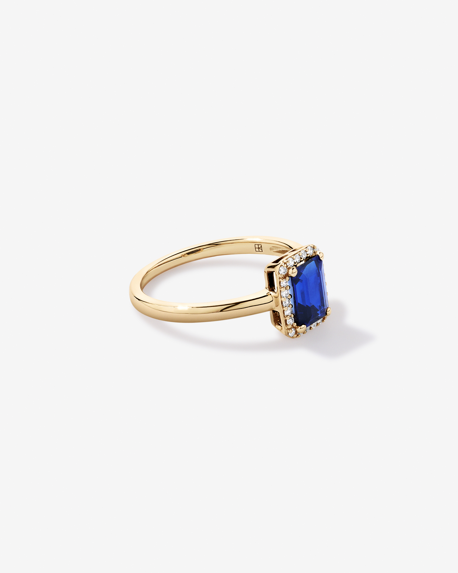 Emerald Cut Created Sapphire and Diamond Halo Ring 10kt Yellow Gold