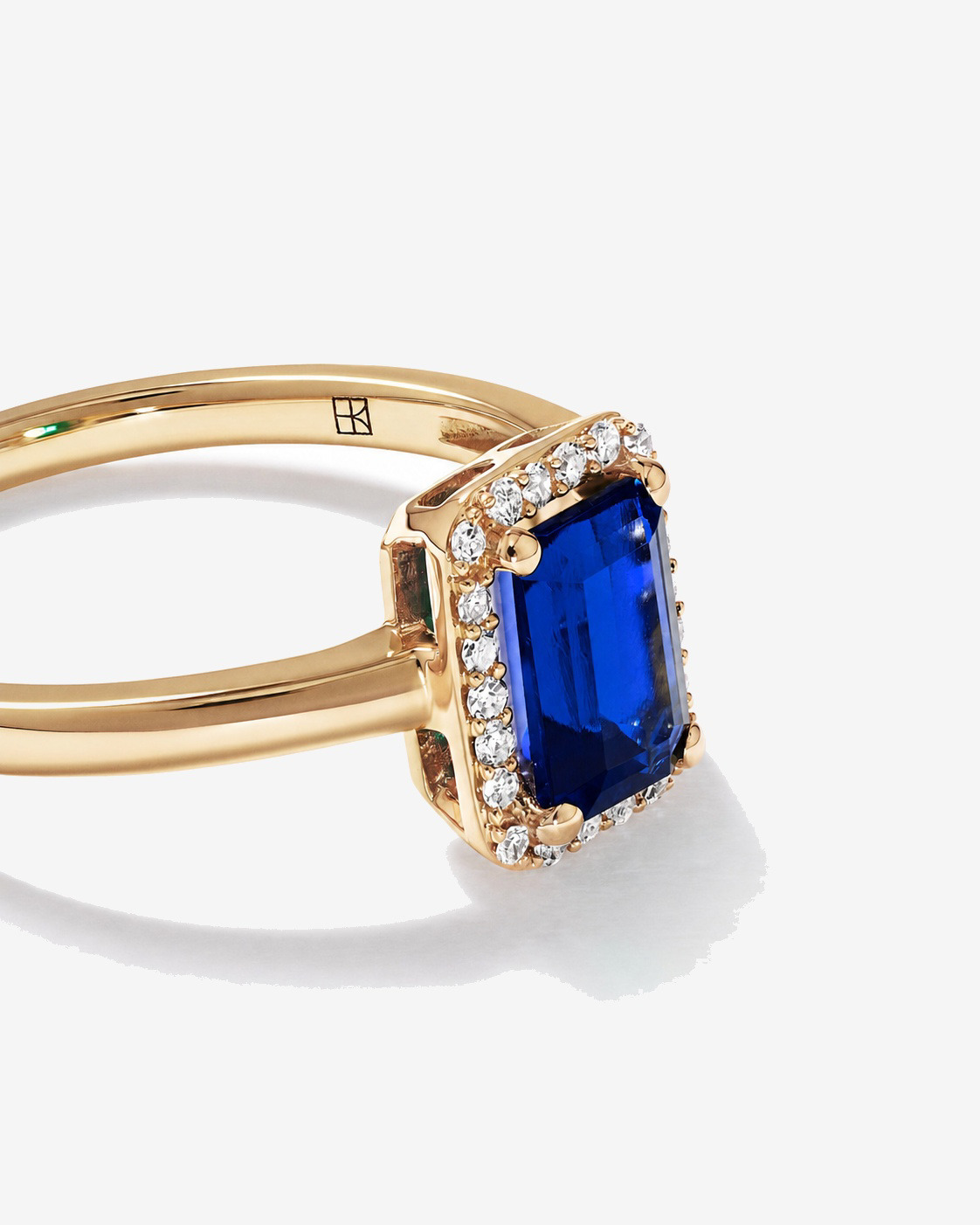 Emerald Cut Created Sapphire and Diamond Halo Ring 10kt Yellow Gold
