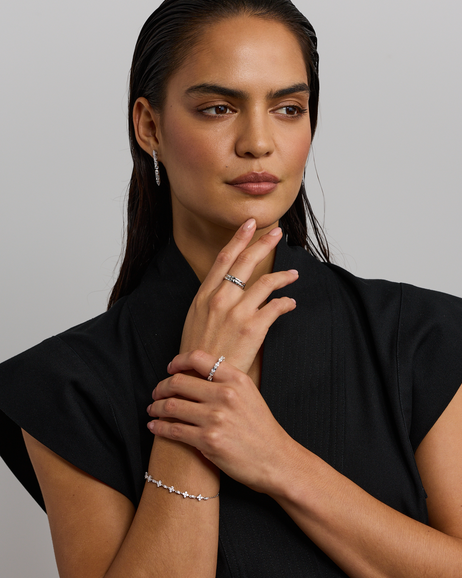 Cubic Zirconia Floral Station Bracelet in Sterling Silver