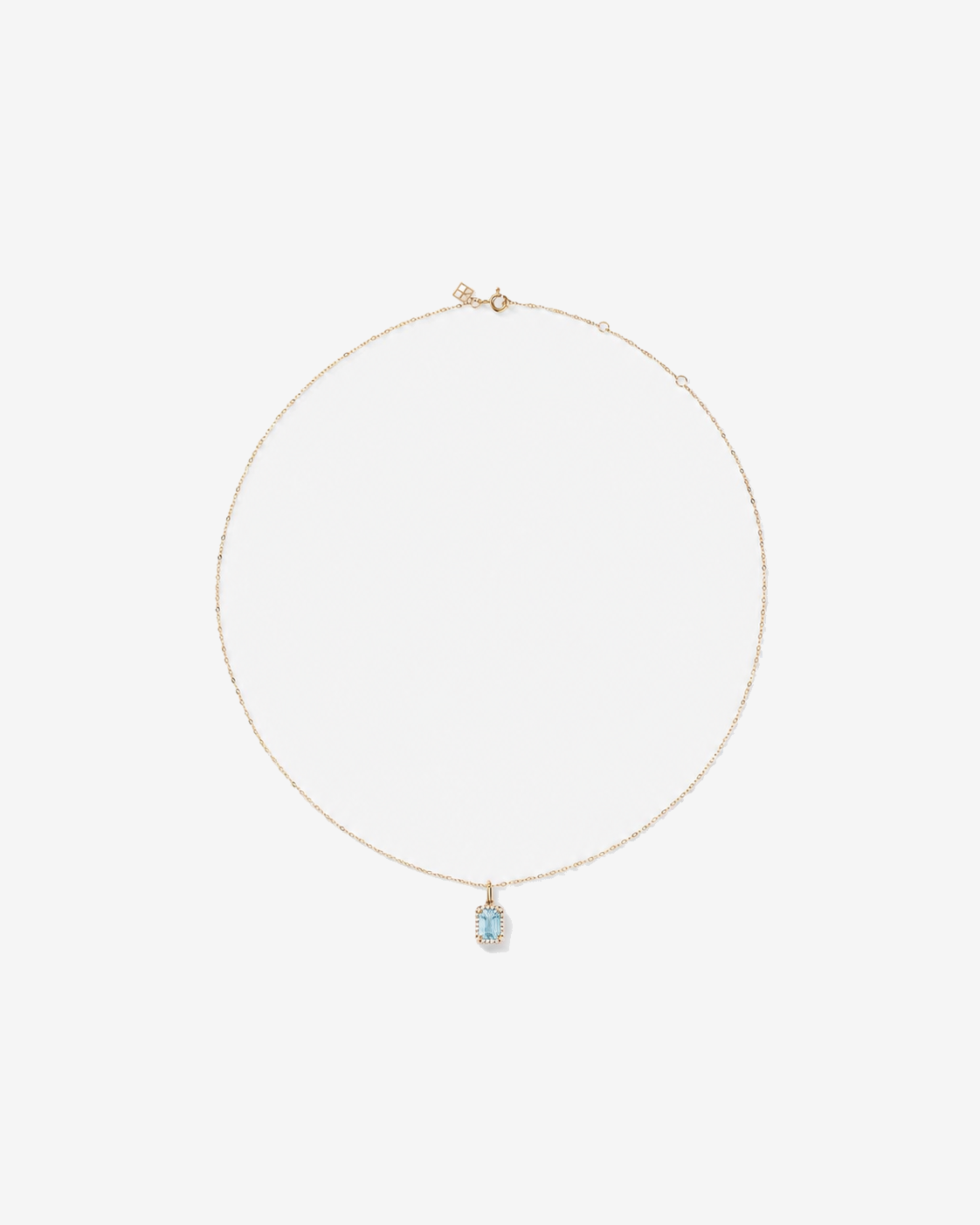 Emerald Cut Aquamarine and Diamond Halo Pendant with Chain in 10kt Yellow Gold