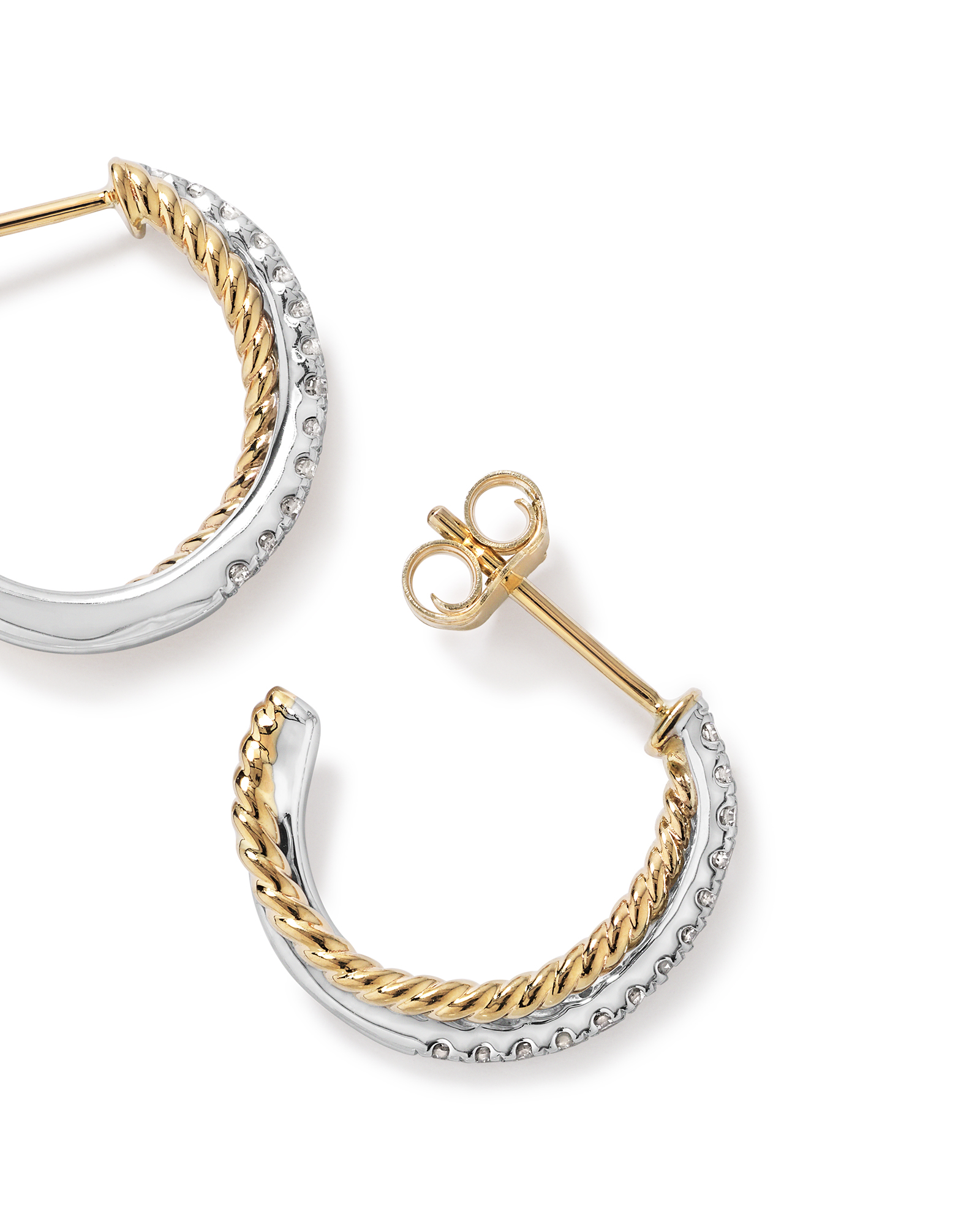 Crossover Hoop Earrings with .20 Carat TW Diamonds in Sterling Silver and 10kt Yellow gold