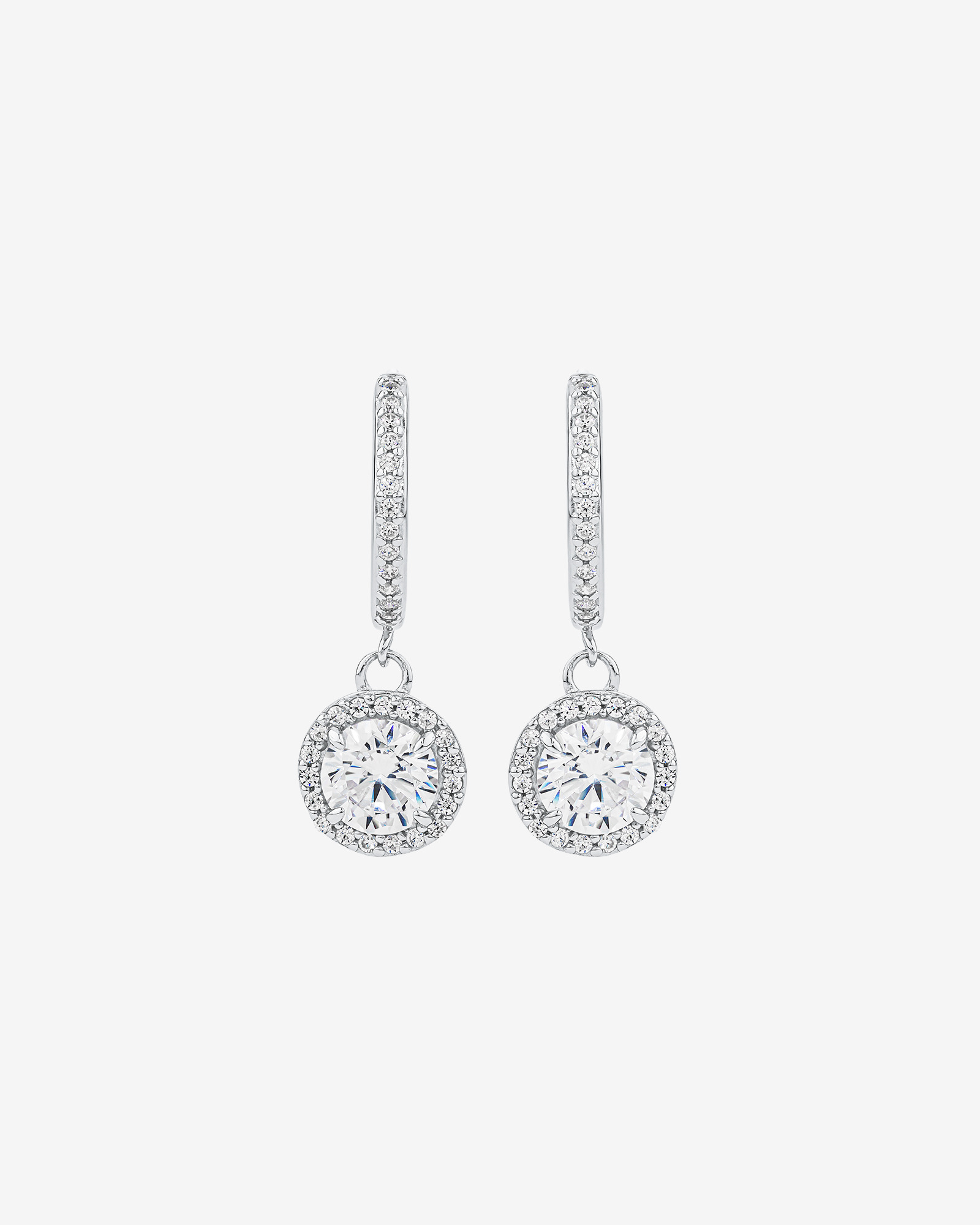 Round Brilliant Cubic Zirconia Halo Drop Hoop Earrings in Sterling Silver
