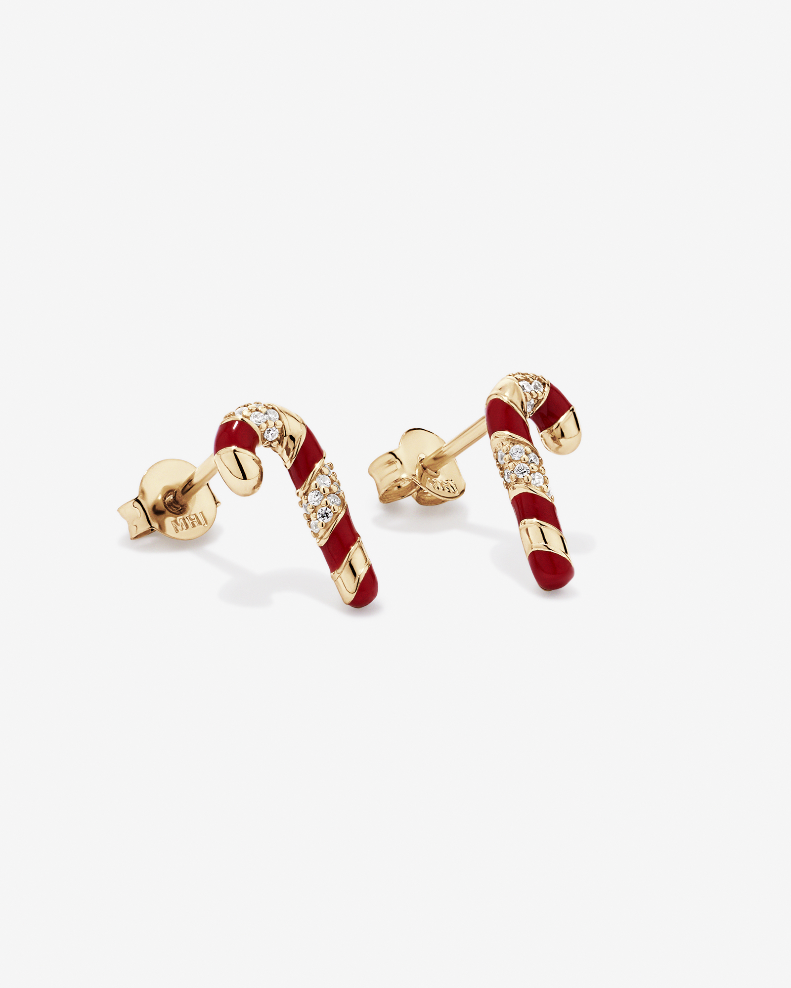 Christmas Candy Cane Stud Earrings with Cubic Zirconia in 18kt Yellow Gold Vermeil