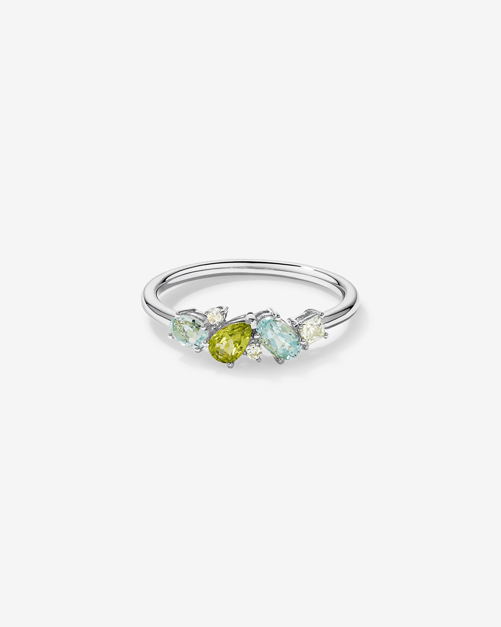 Péridot, topaze bleu ciel, améthyste verte et blanche en or blanc 10 carats