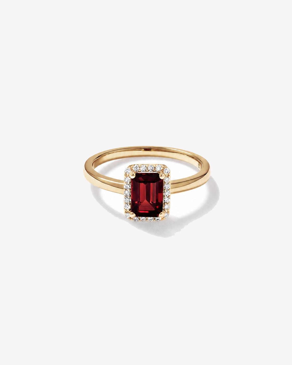 Emerald Cut Garnet and Diamond Halo Ring 10kt Yellow Gold