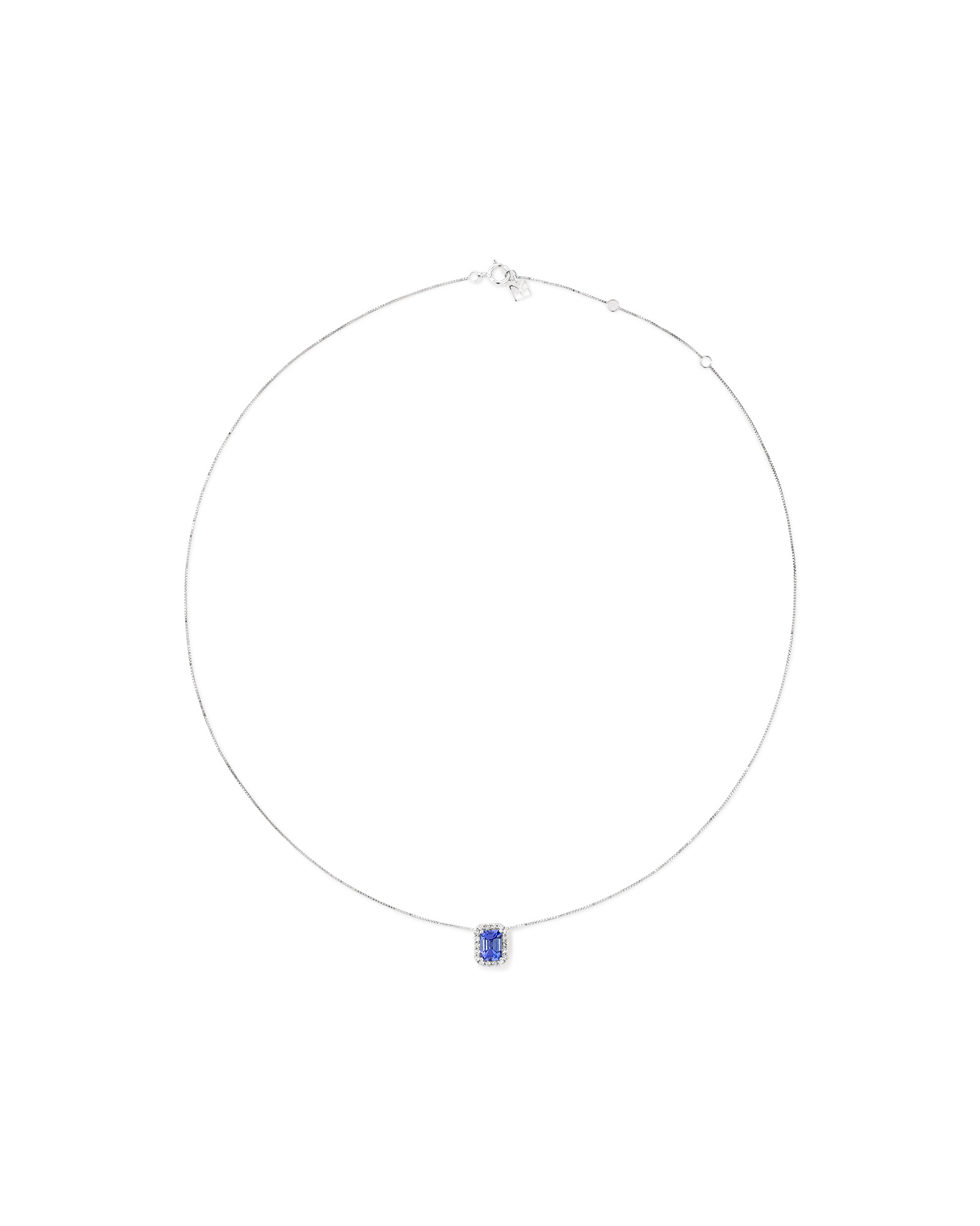 Emerald Cut Blue Tanzanite and 0.17 Carat TW Diamond Halo Pendant in 14kt White Gold