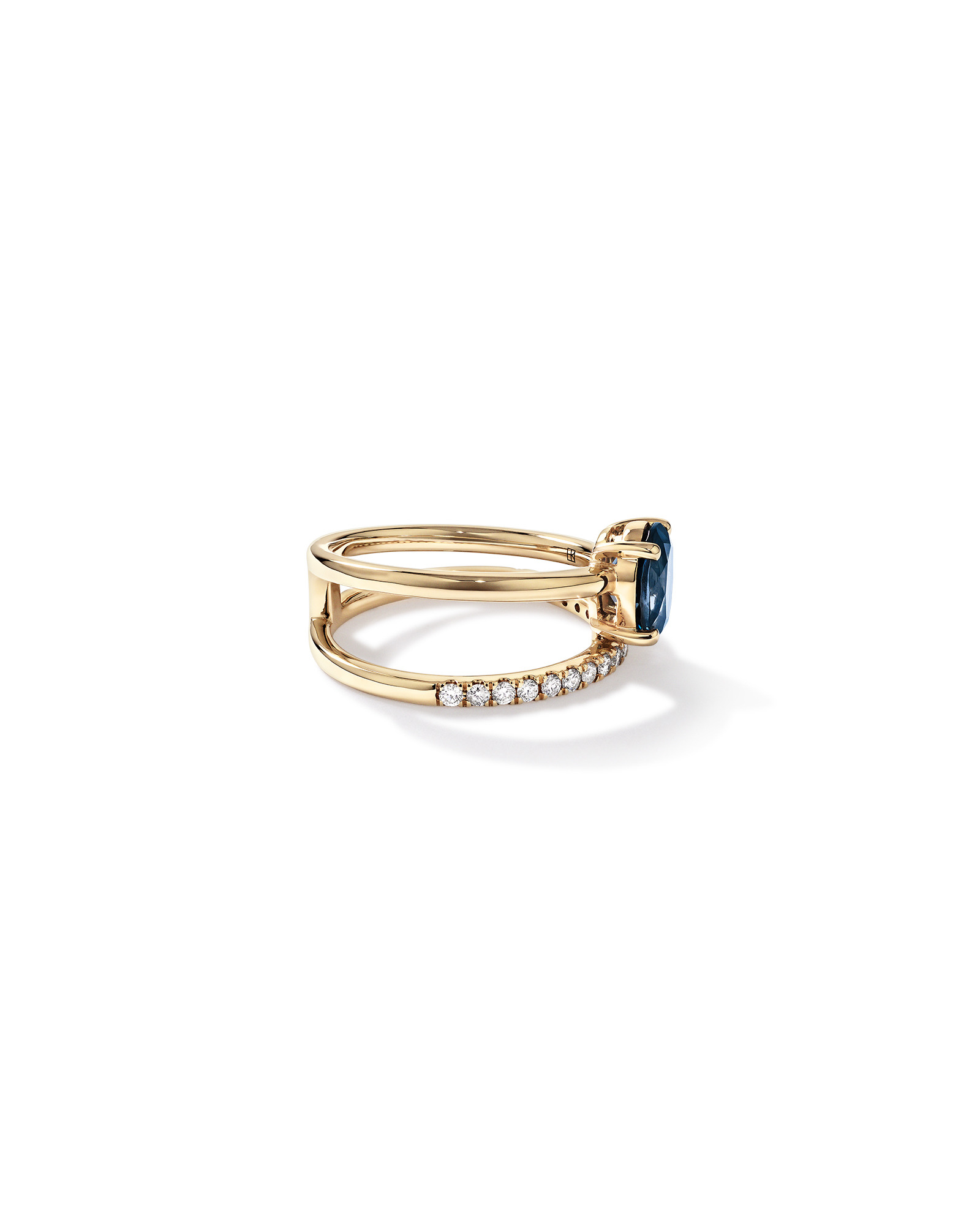 London Blue Topaz Double Band Ring with 0.25 Carat TWof  Diamonds in 10kt Yellow Gold