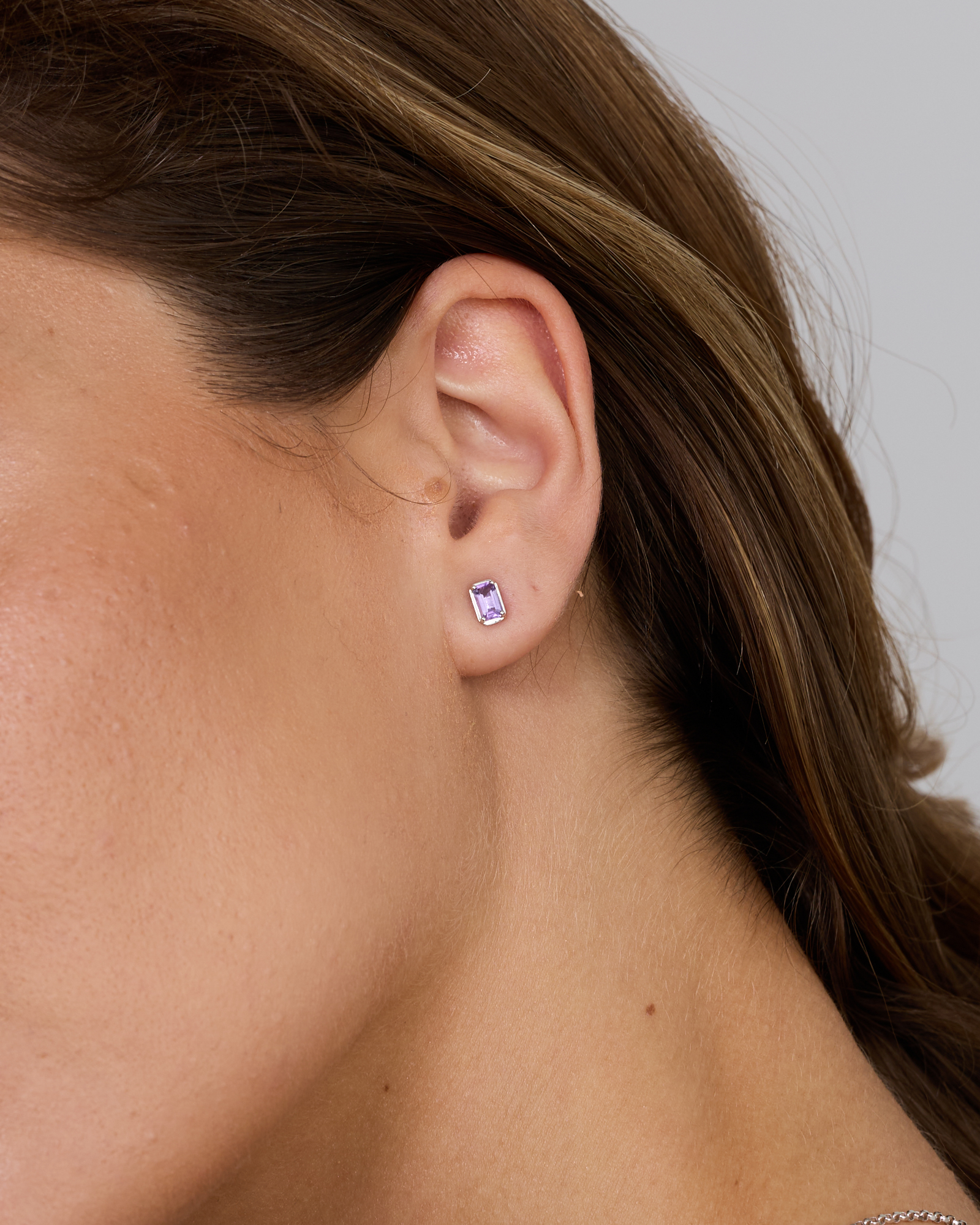 Emerald-Cut Amethyst Stud Earrings in Sterling Silver