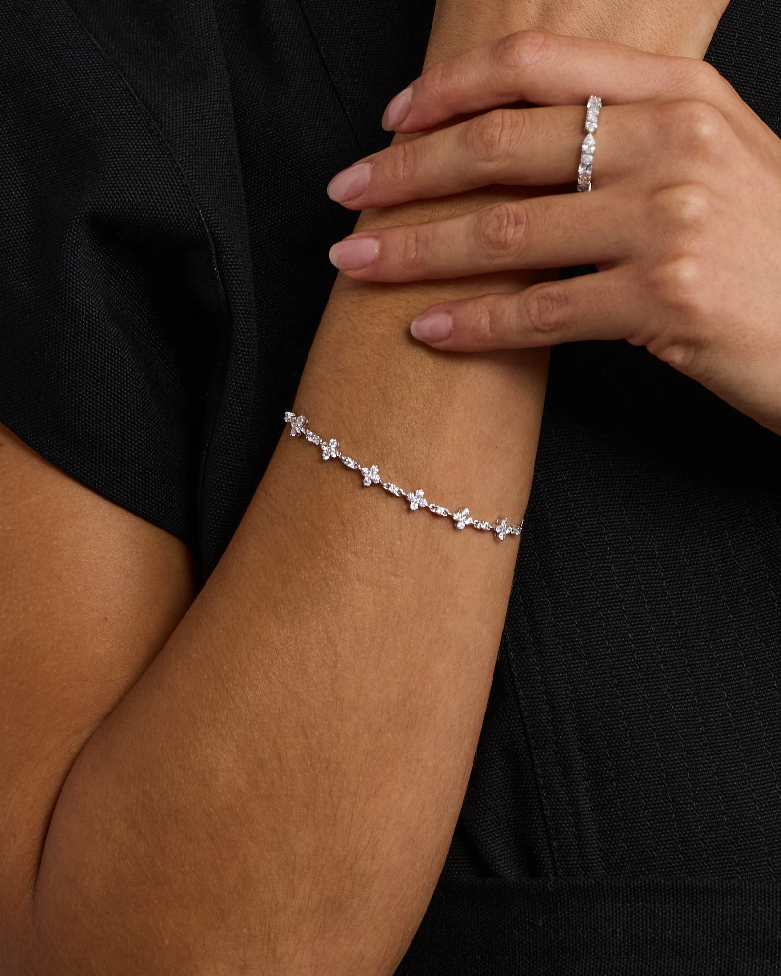 Cubic Zirconia Floral Station Bracelet in Sterling Silver