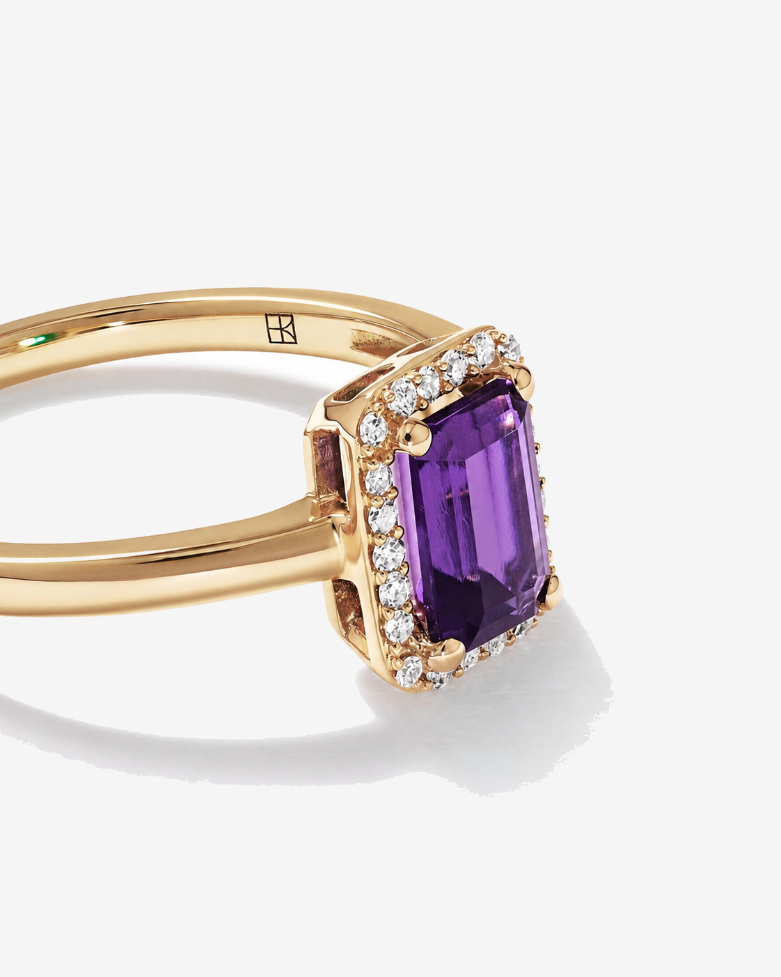 Emerald Cut Amethyst and Diamond Halo Ring 10kt Yellow Gold
