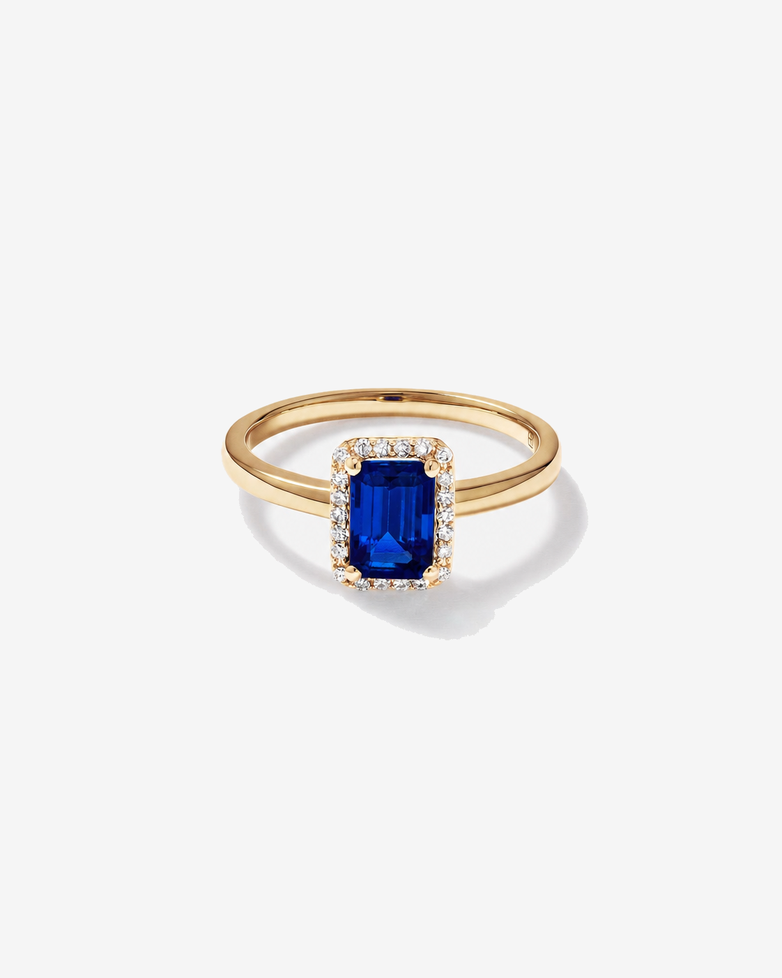 Emerald Cut Created Sapphire and Diamond Halo Ring 10kt Yellow Gold