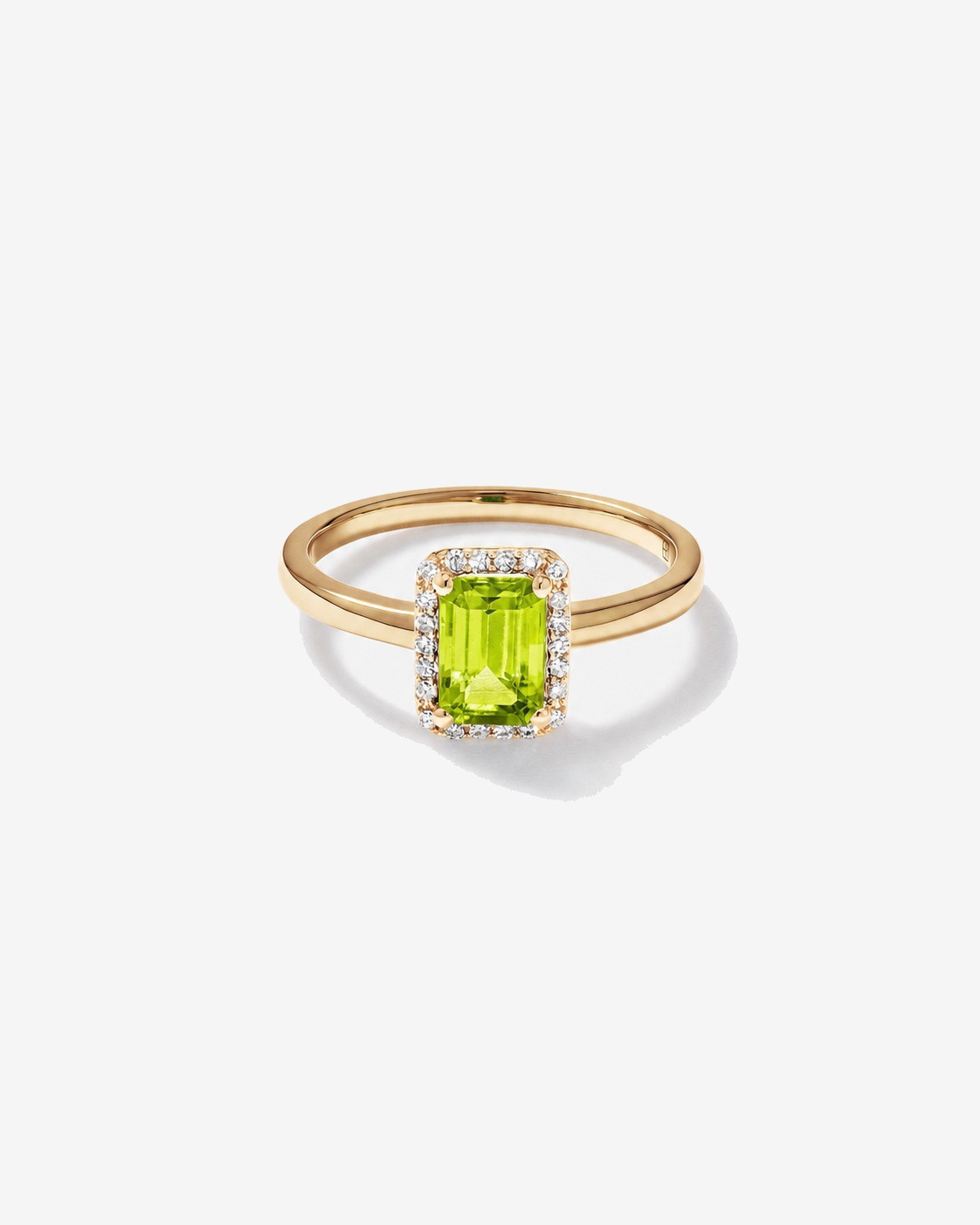 Bague halo Péridot taille émeraude avec diamants en or jaune 10 ct