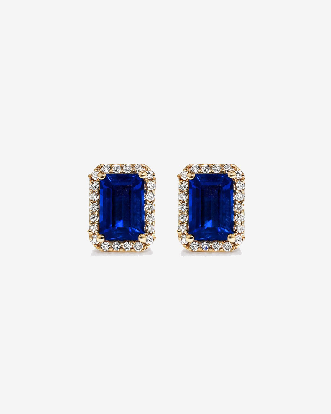 Boucles d'oreilles halo Saphir créé taille émeraude avec diamants en or jaune 10 ct