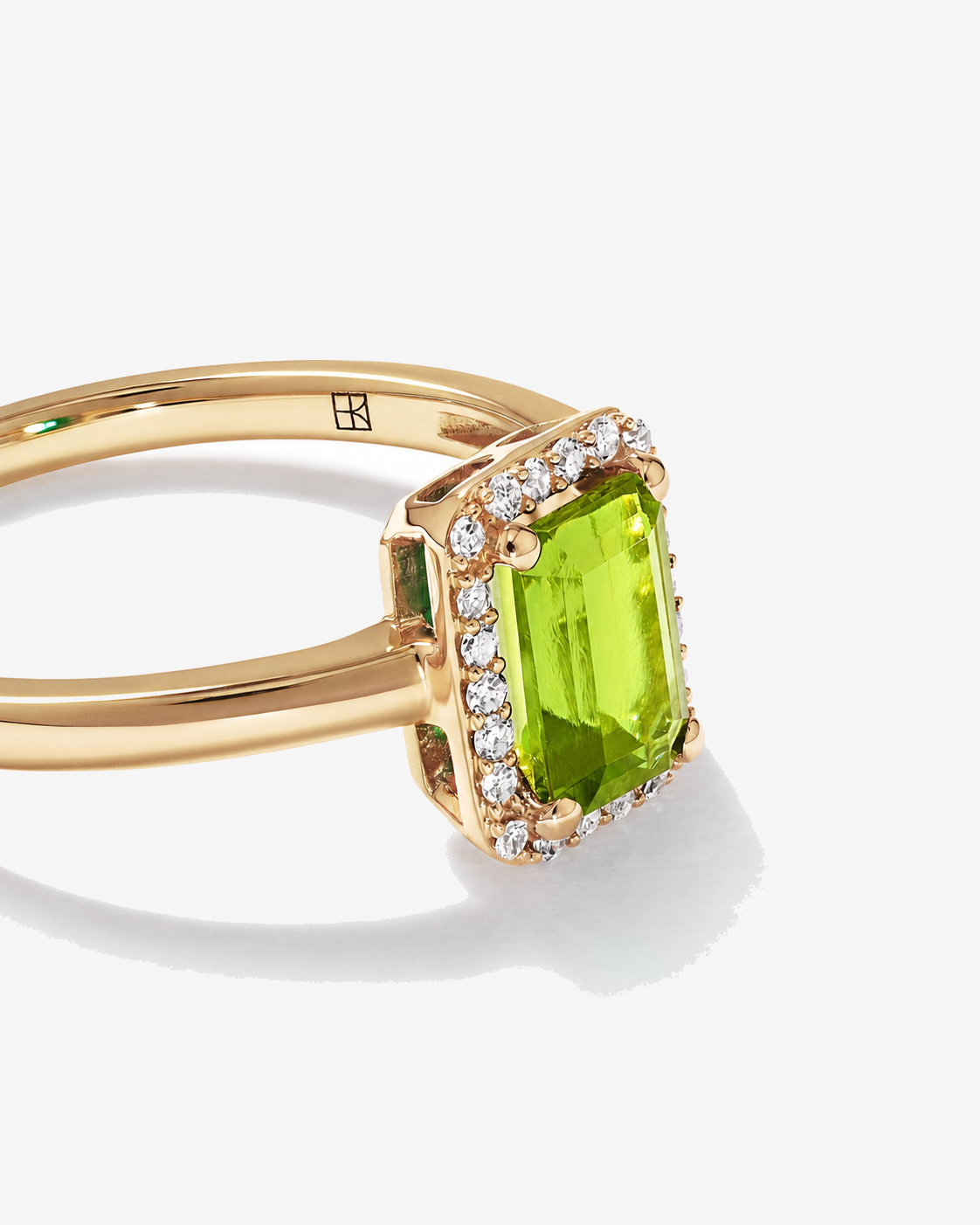 Emerald Cut Peridot and Diamond Halo Ring 10kt Yellow Gold