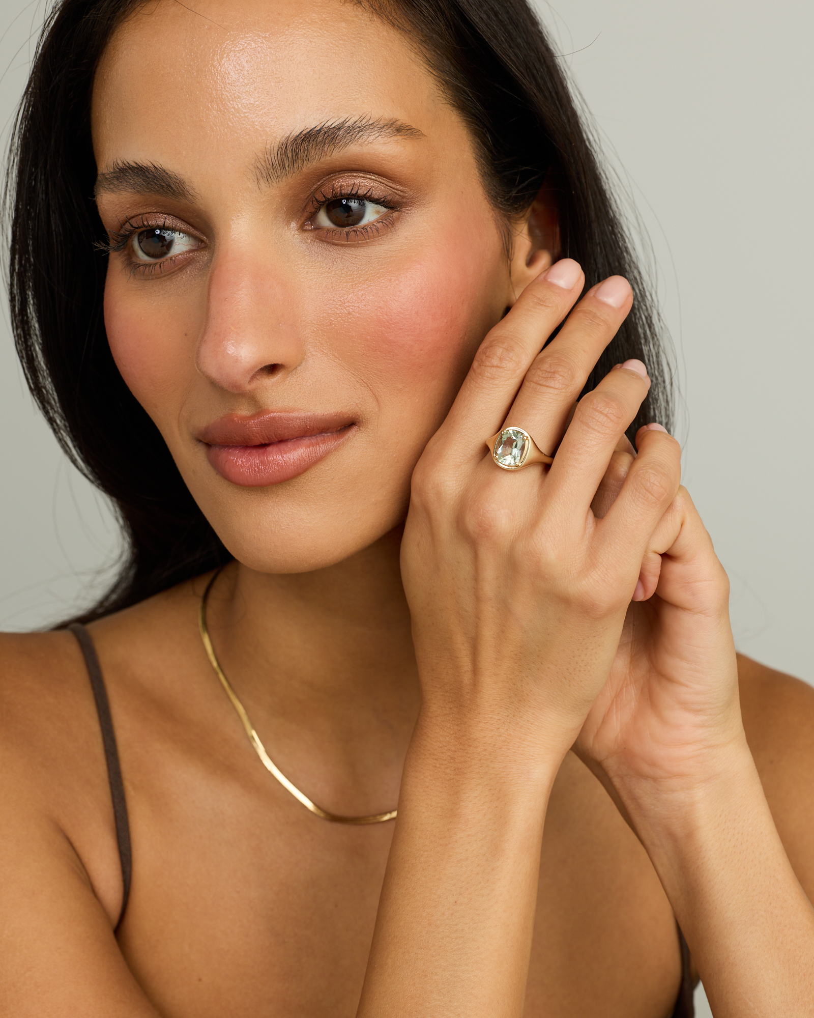 Elongated Cushion Cut Green Amethyst Ring 10kt Gold