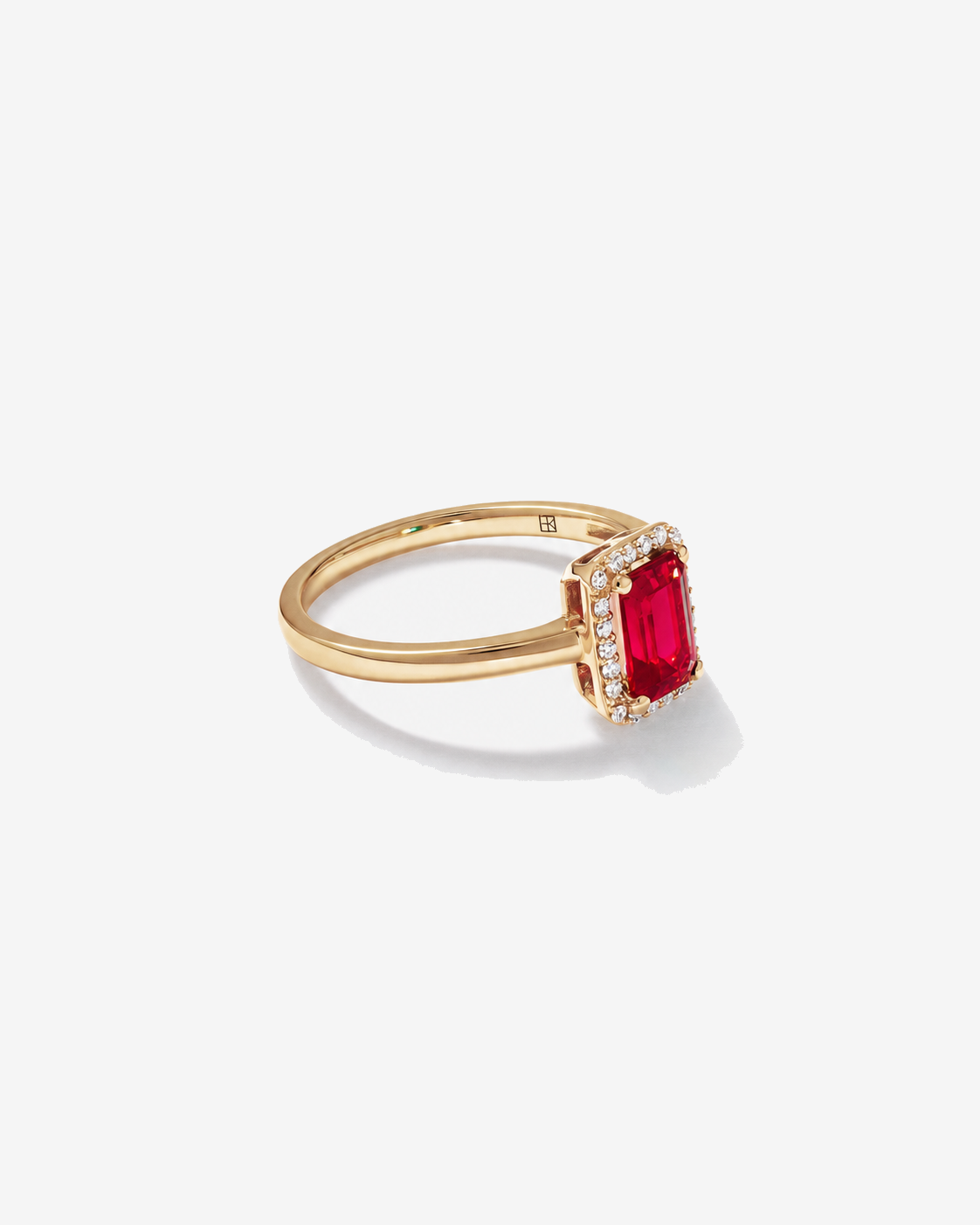 Emerald Cut Created Ruby and Diamond Halo Ring in 10kt Yellow Gold