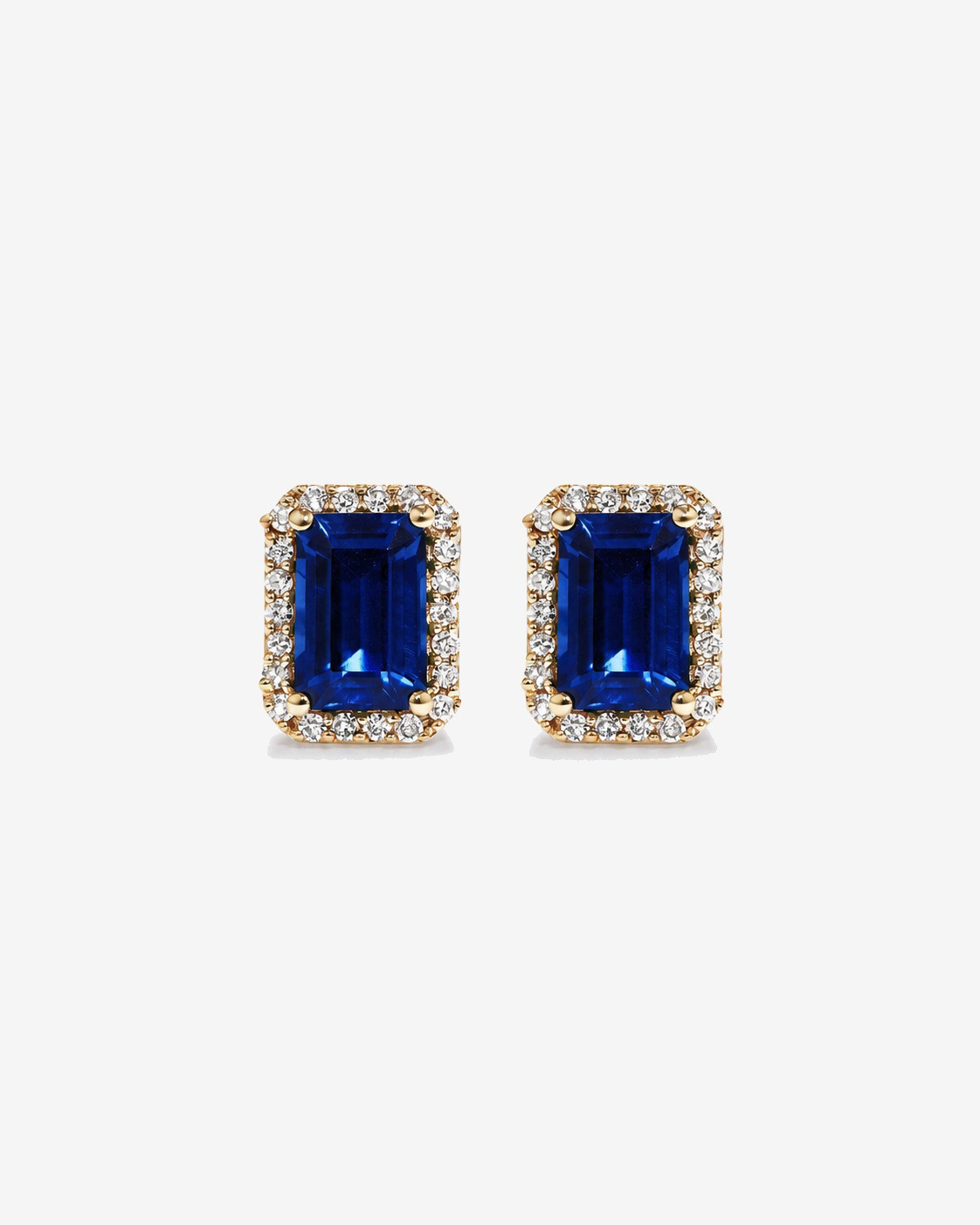Boucles d'oreilles halo Saphir créé taille émeraude avec diamants en or jaune 10 ct