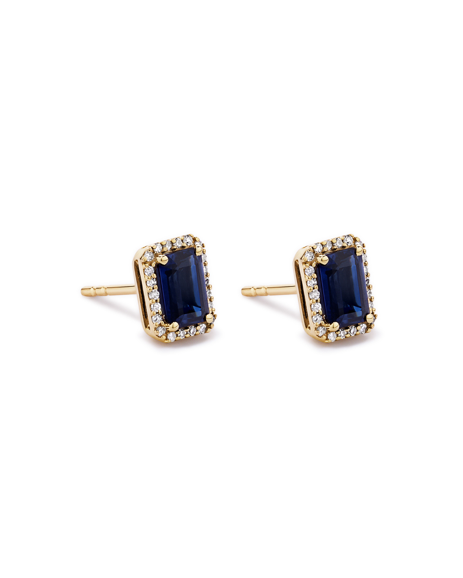 Emerald Cut Created Sapphire and Diamond Halo Earrings in 10kt Yellow Gold