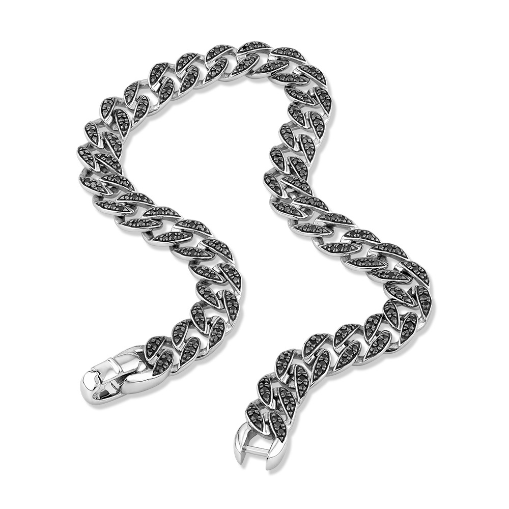 Bracelet cubain pour hommes en argent sterling avec diamants noirs de 1,32 carat au total