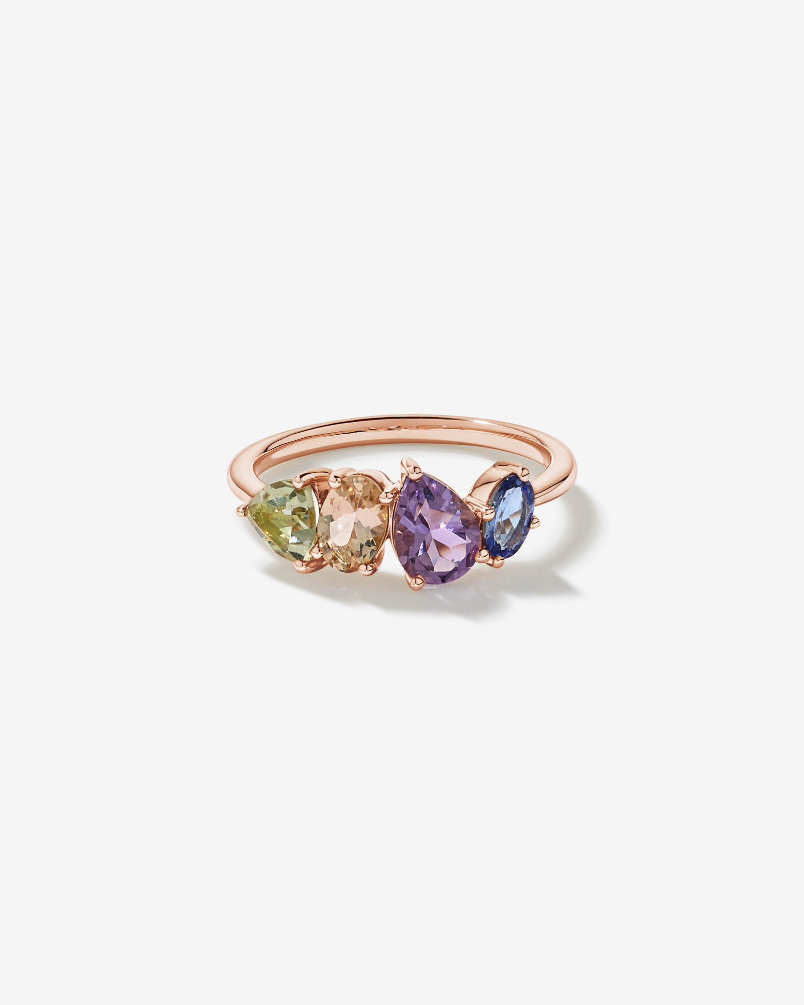 Bague multi-gemmes en améthyste verte, morganite, rose et tanzanite or 10 carats