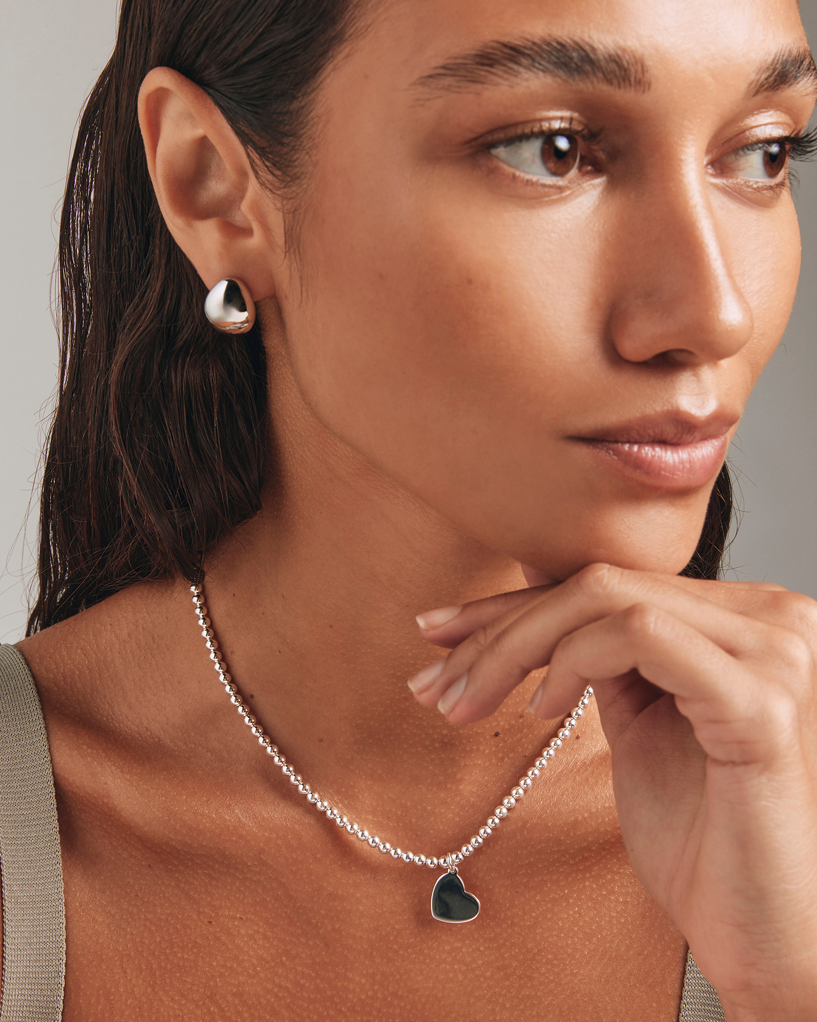 Pendentif cœur en argent sterling avec perles, 45 cm