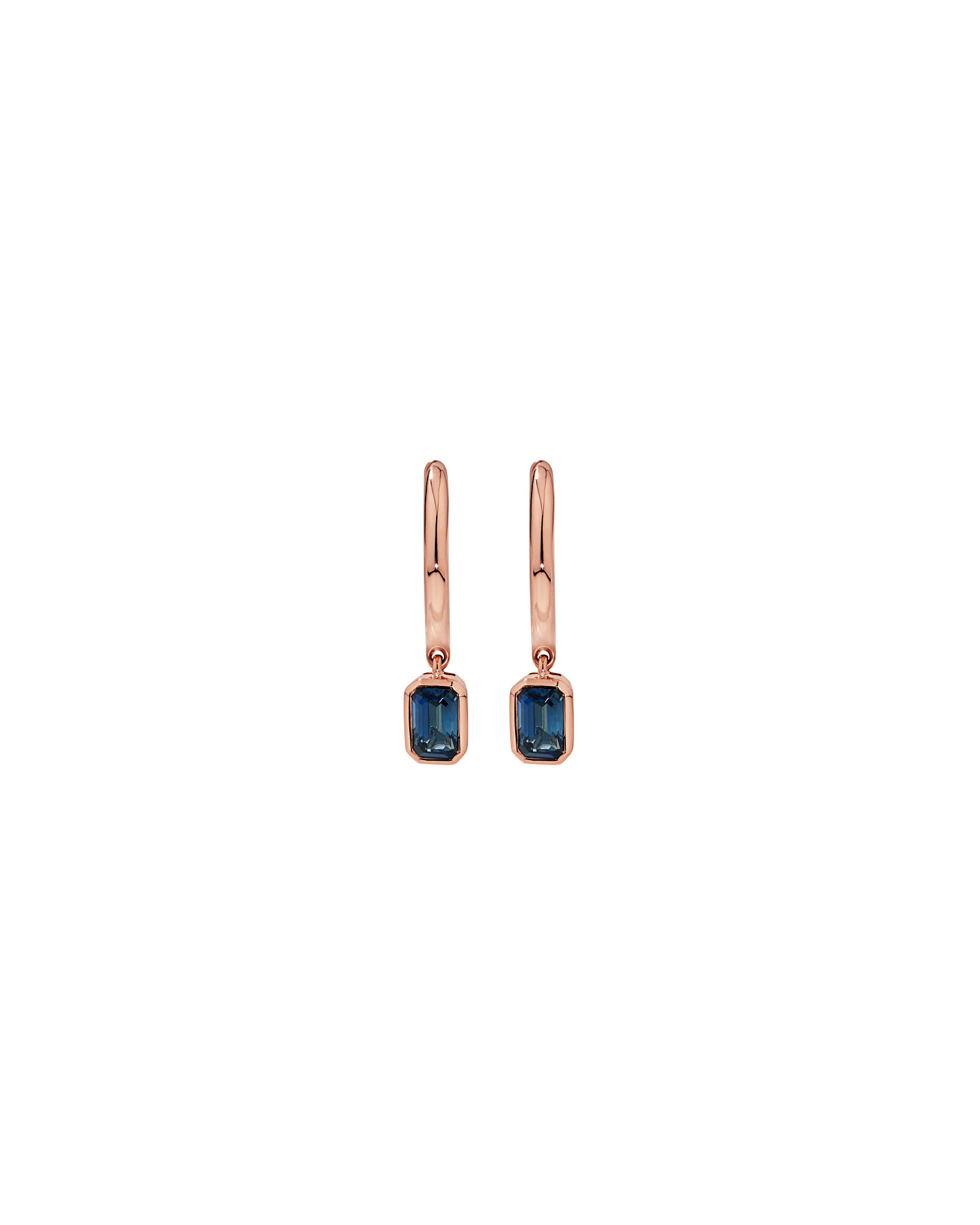 Australian Sapphire Emerald Cut Bezel Set Drop Hoop Earrings in 10kt Rose Gold