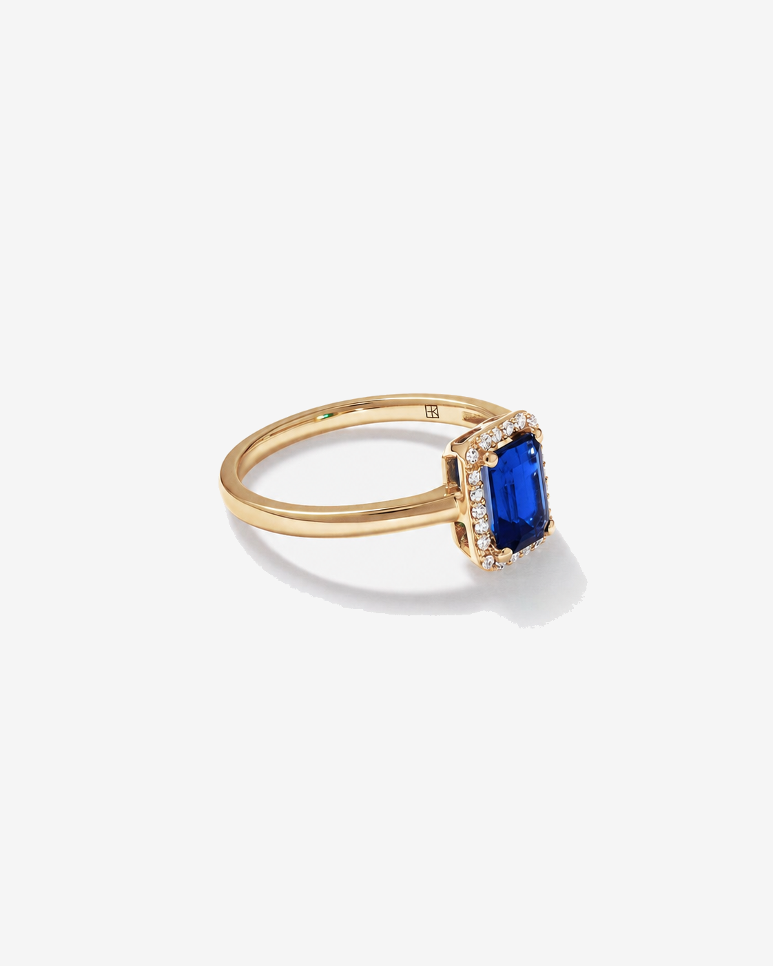 Emerald Cut Created Sapphire and Diamond Halo Ring 10kt Yellow Gold