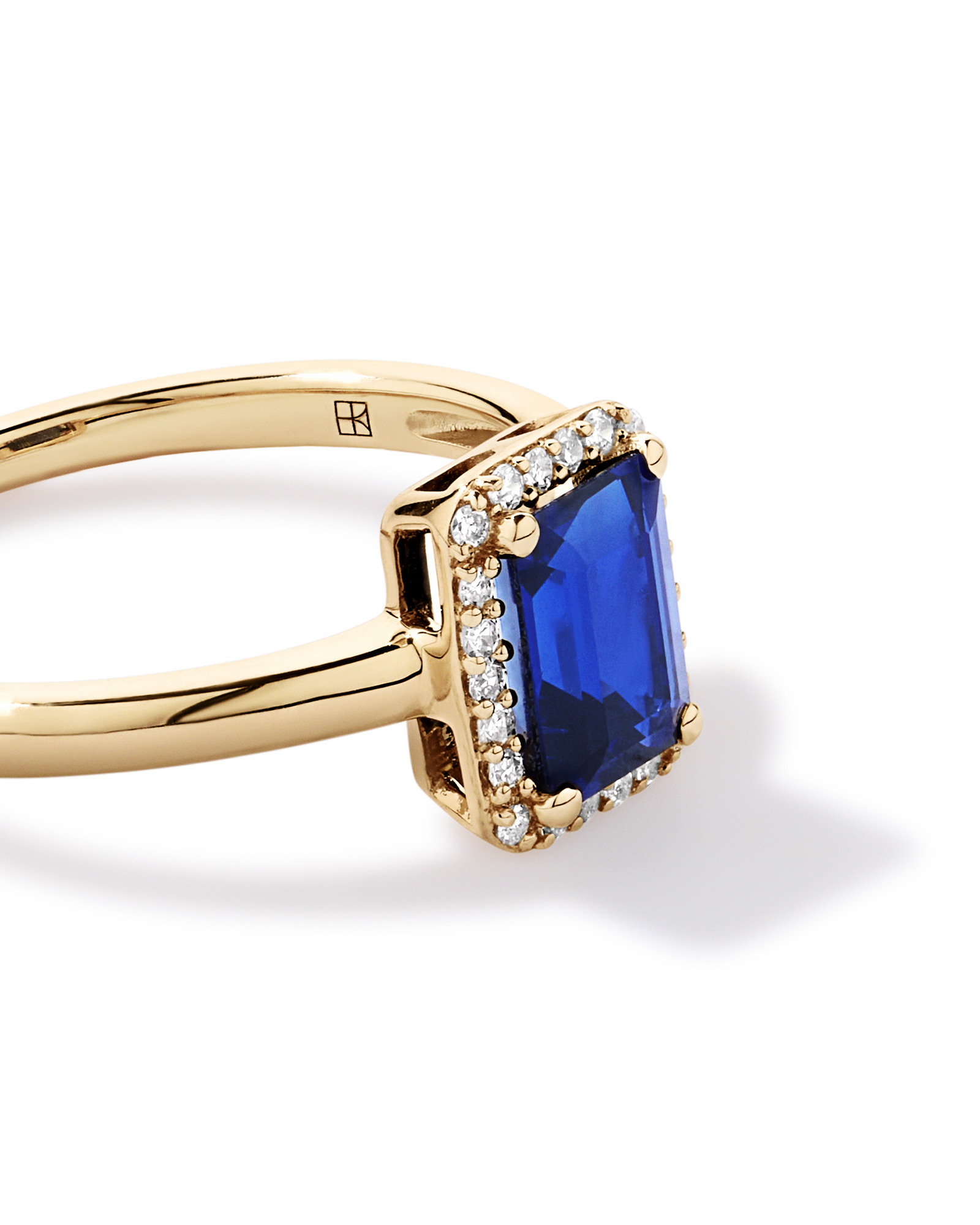 Emerald Cut Created Sapphire and Diamond Halo Ring 10kt Yellow Gold