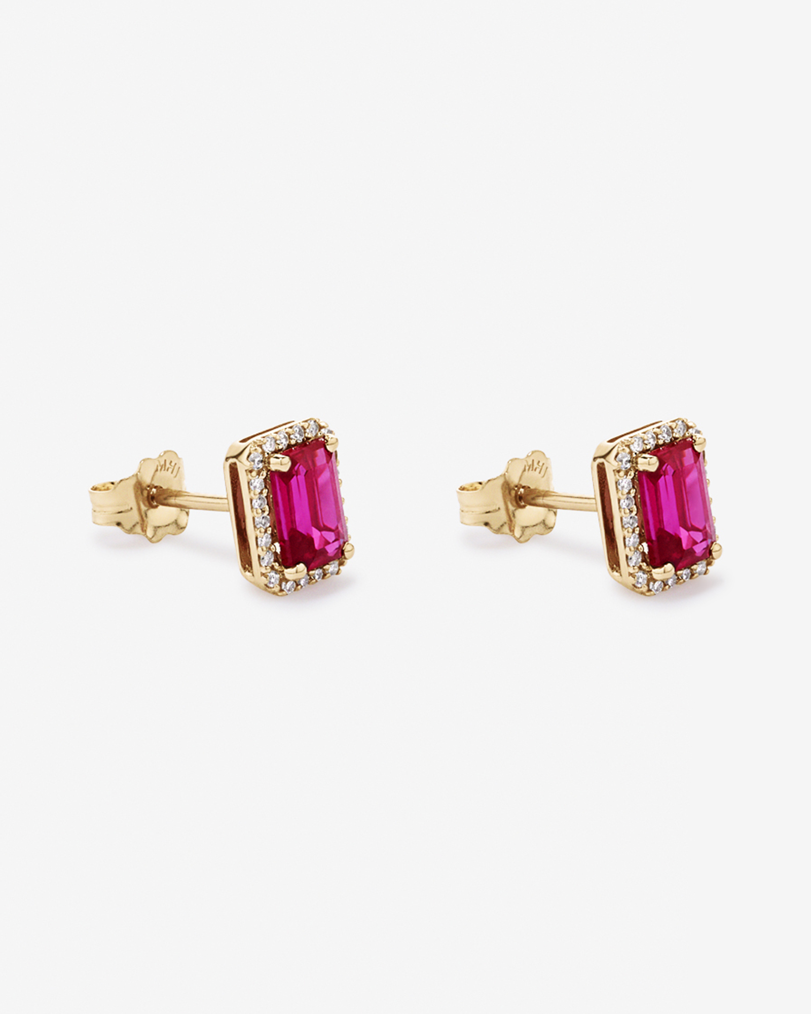 Emerald Cut Created Ruby and Diamond Halo Earrings in 10kt Yellow Gold