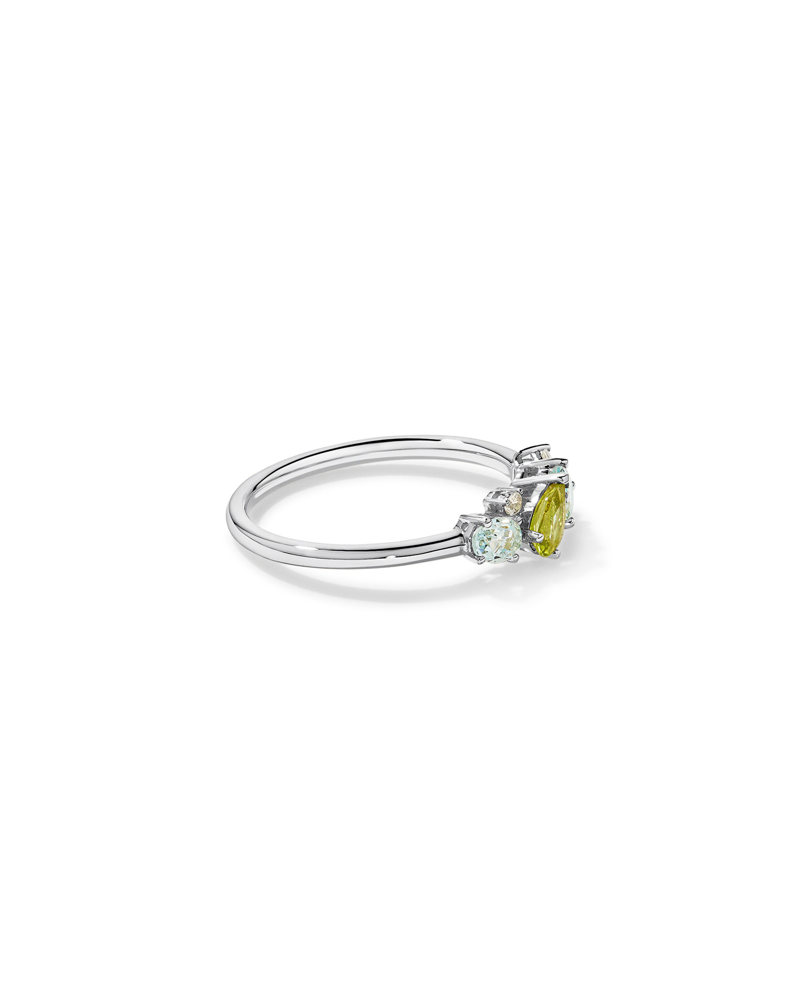 Péridot, topaze bleu ciel, améthyste verte et blanche en or blanc 10 carats