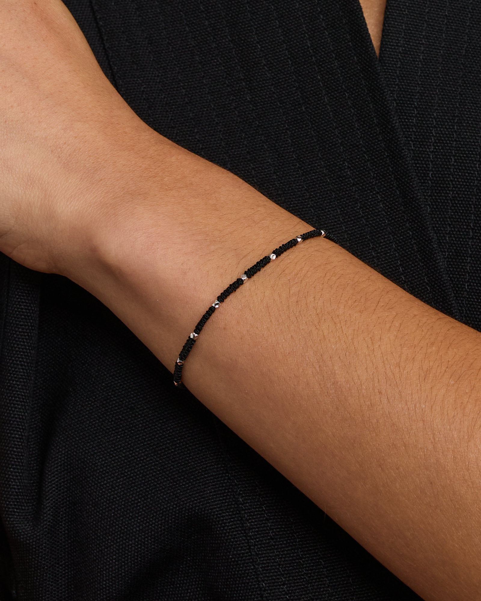 Black Cord Bead Bracelet in Sterling Silver