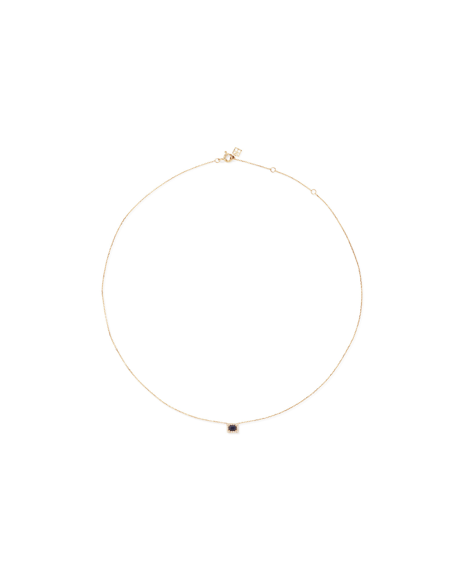 Emerald Cut Blue Sapphire Gemstone and 0.05 Carat TW Diamond Halo Necklace in 10kt Yellow Gold