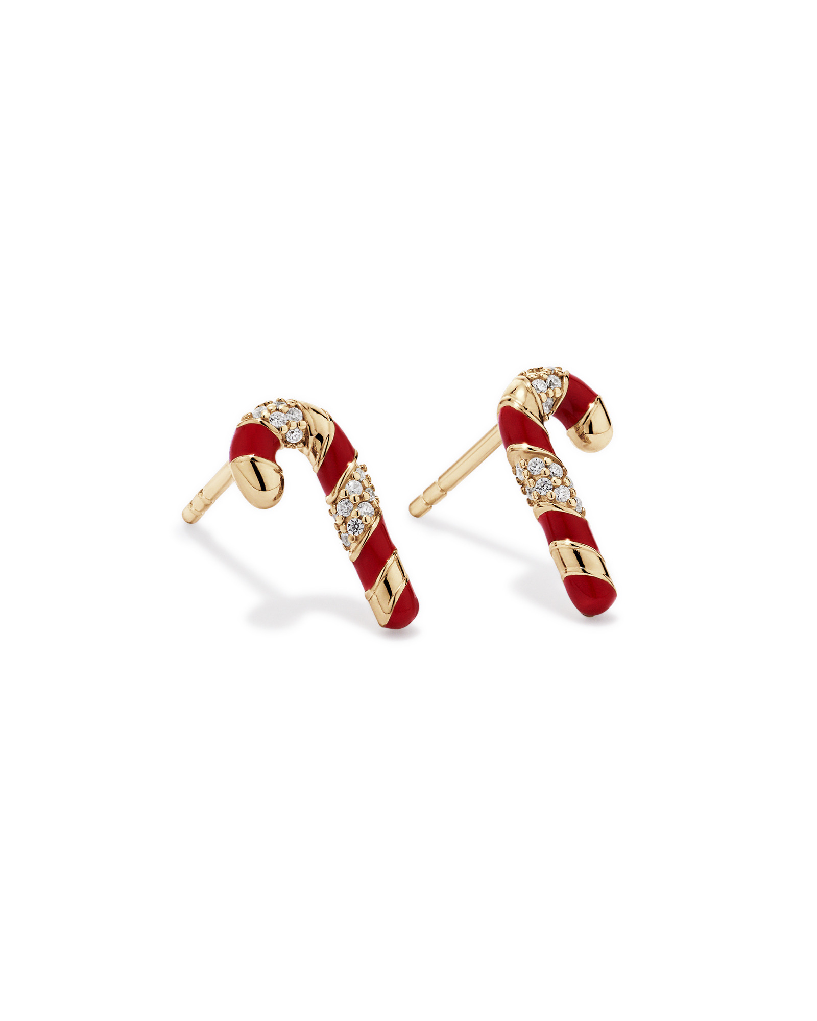 Christmas Candy Cane Stud Earrings with Cubic Zirconia in 18kt Yellow Gold Vermeil