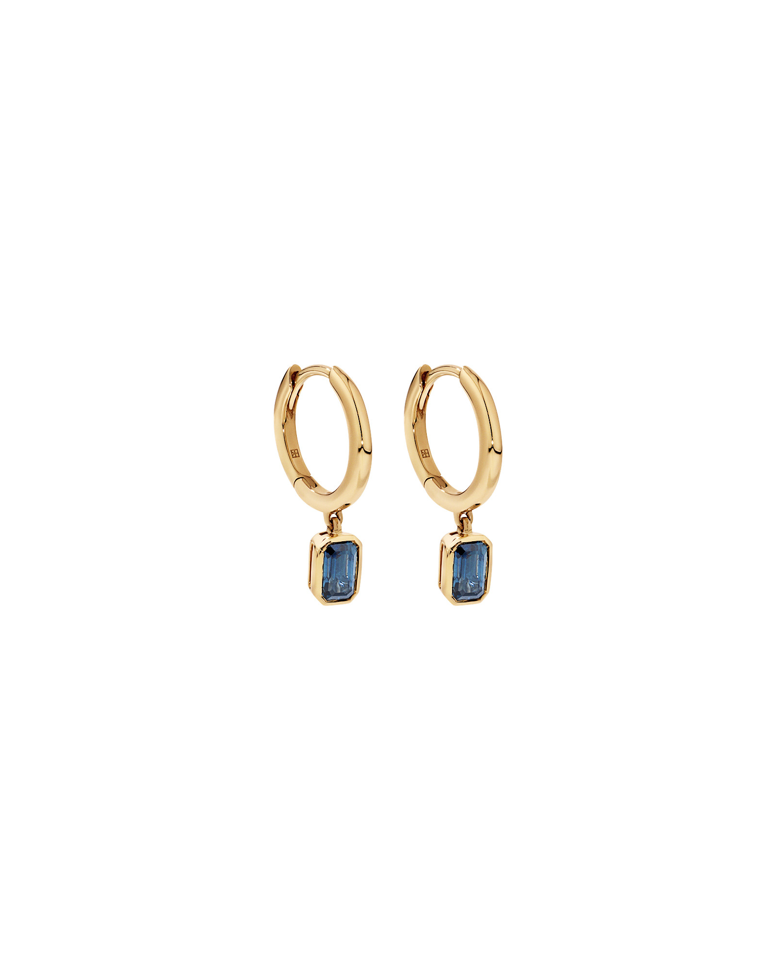 Australian Sapphire Emerald Cut Bezel Set Drop Hoop Earrings in 10kt Yellow Gold