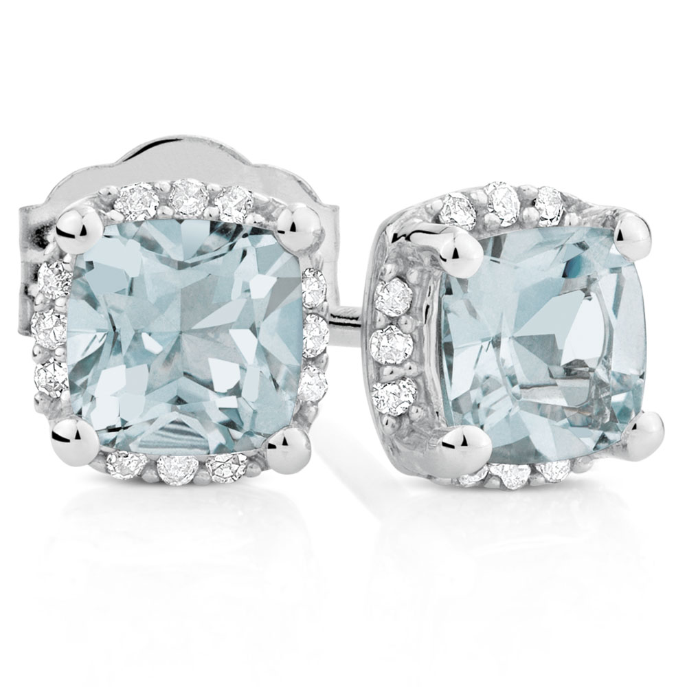 Stud Earrings with Aquamarine & Diamonds in 10kt White Gold