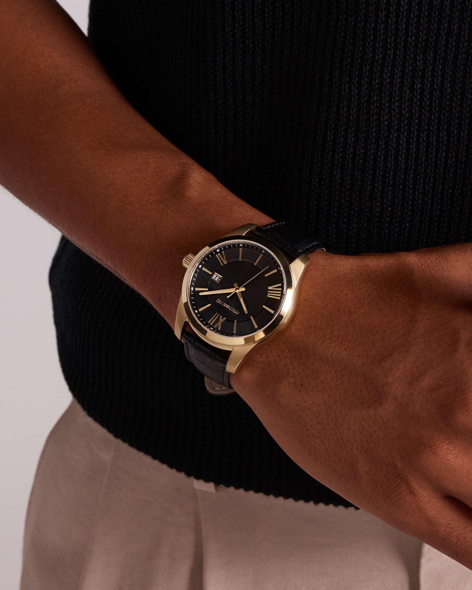 Men's Watch in Stainless Steel, Gold Tone & Black Leather