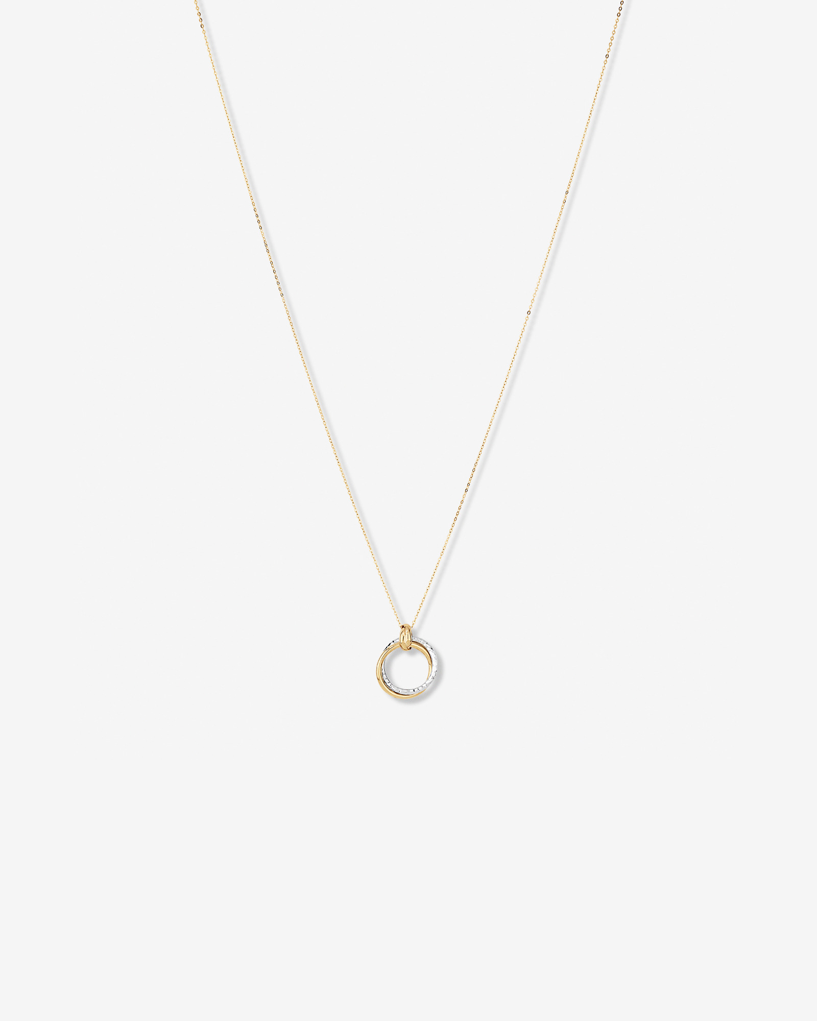 Two-Tone Double Circle Pendant Hammered Finish Necklace in 10kt White and Yellow Gold